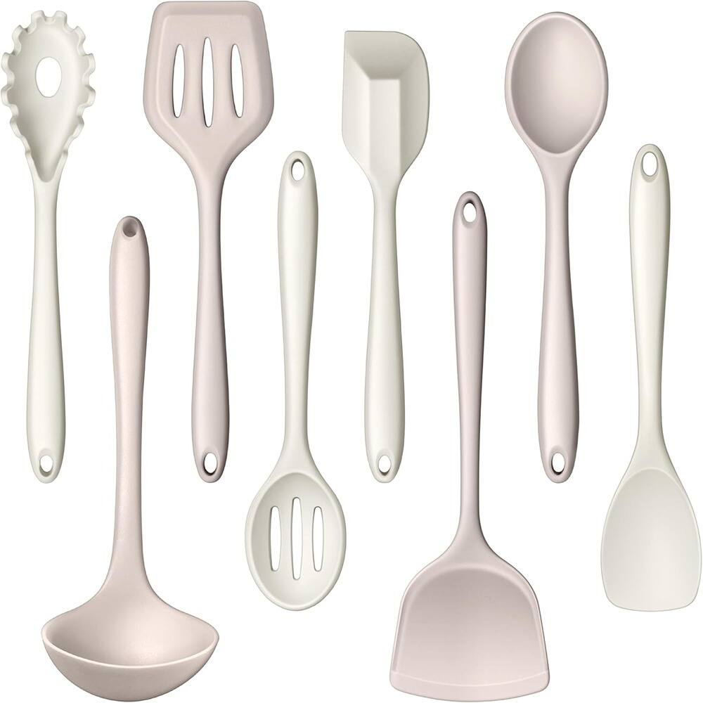Front. RTMB - Eight pieces of kitchen utensils, including a silicone spatula, ladle, heat-resistant - Khaki White.