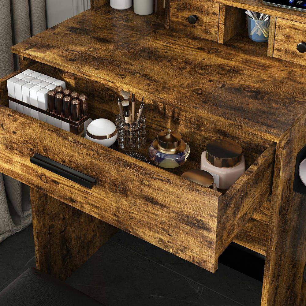 Angle. Kadyn - Adjustable LED Mirror Vanity Desk with Power Outlet and Stool - Vintage - Brown.