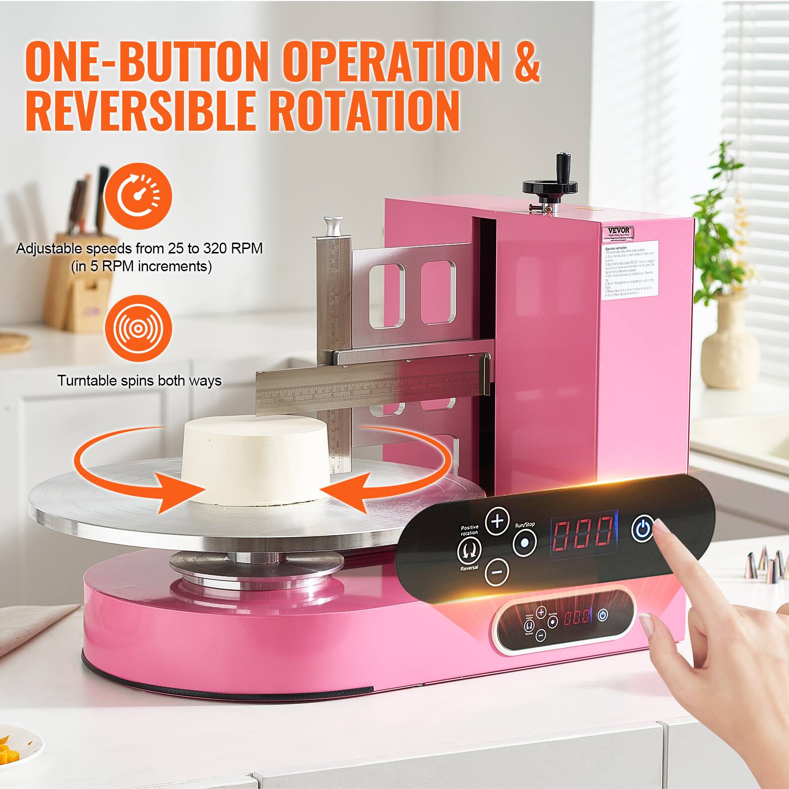 ONE-BUTTON OPERATION & REVERSIBLE ROTATION

Adjustable speeds from 25 to 320 RPM (in 5 RPM increments)

Turntable spins both ways