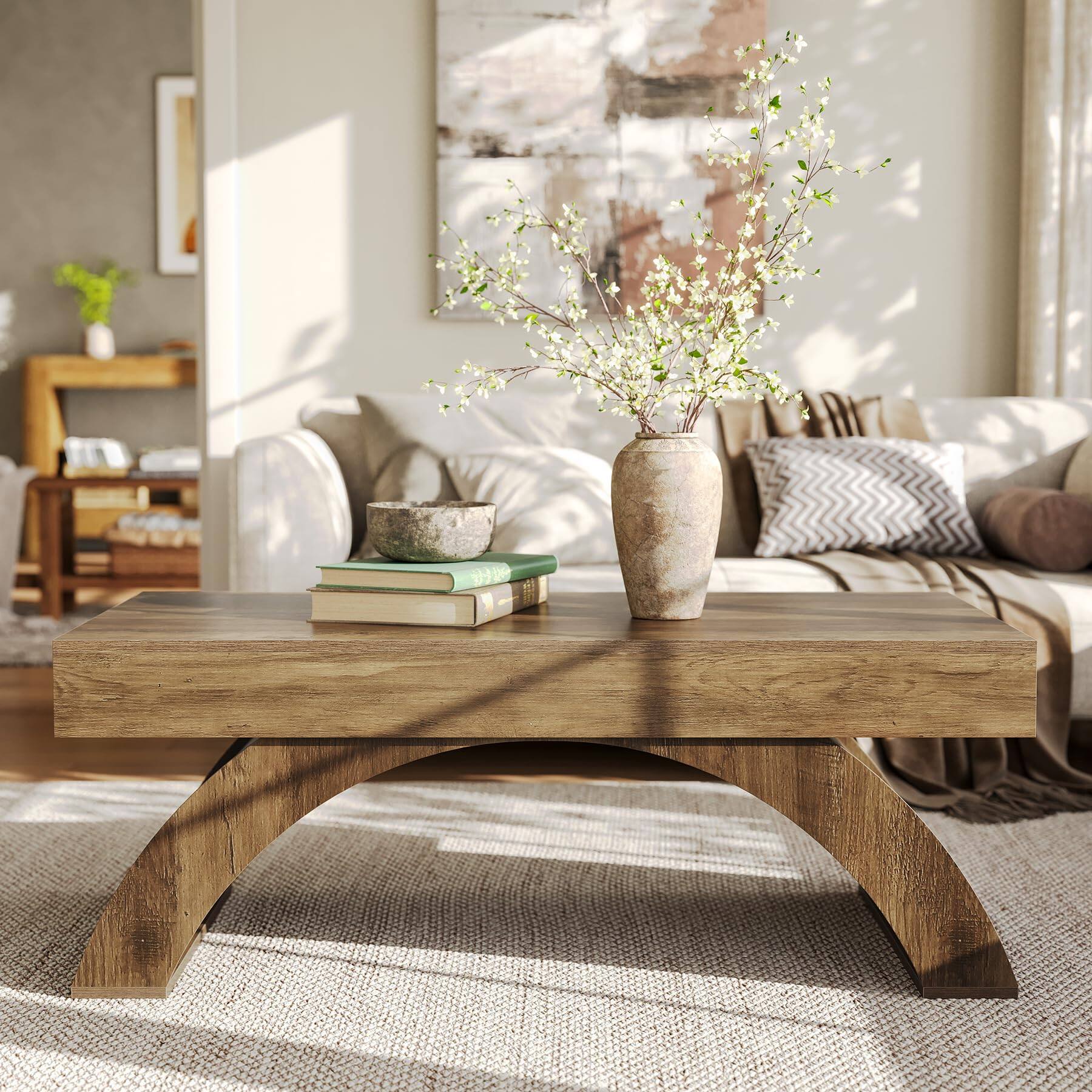 Alt View 1. Tribesigns - LITTLE TREE Modern Coffee Table, 47” Living Room Table, Rectangle Coffee Table with Artistic Arched Base, Wood Center Ta - Rustic Brown.