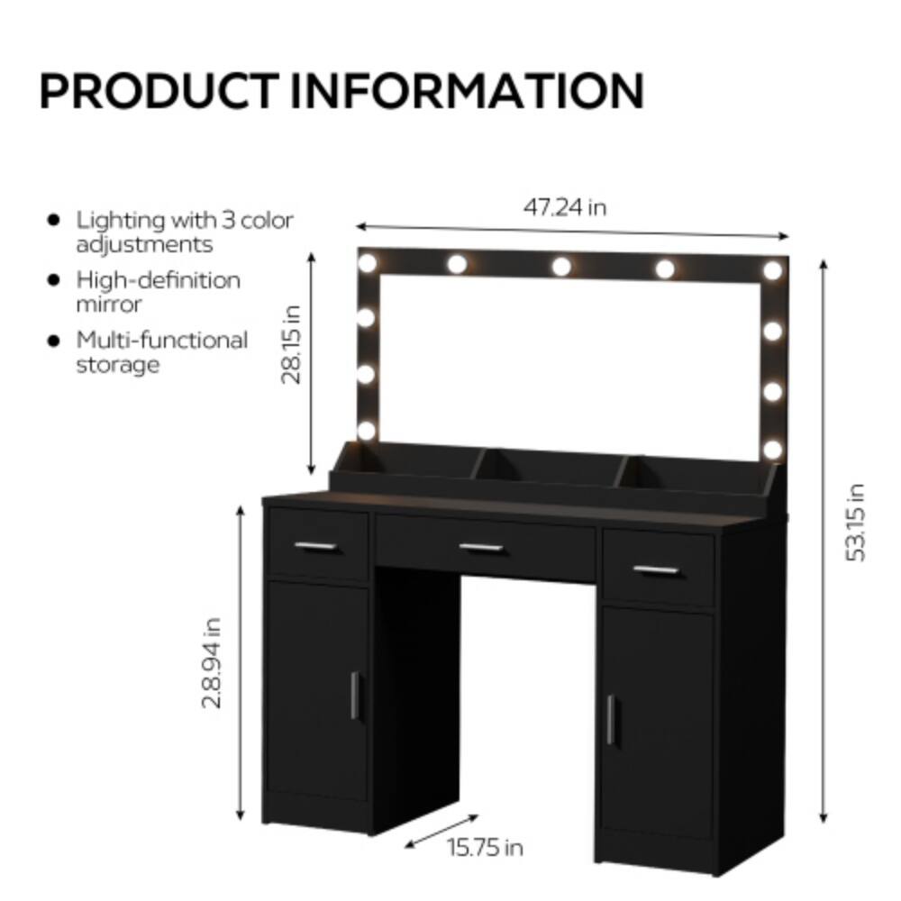 PRODUCT INFORMATION

- Lighting with 3 color adjustments
- High-definition mirror
- Multi-functional storage

Dimensions:
- Height: 28.94 in
- Width: 47.24 in
- Depth: 53.15 in
- Sink width: 28.15 in
- Sink depth: 15.75 in