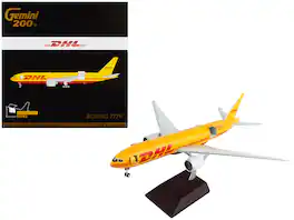 Boeing 777F Commercial Aircraft DHL Gemini 200 - Interactive Series 1/200 Diecast Model Airplane by GeminiJets - Yellow