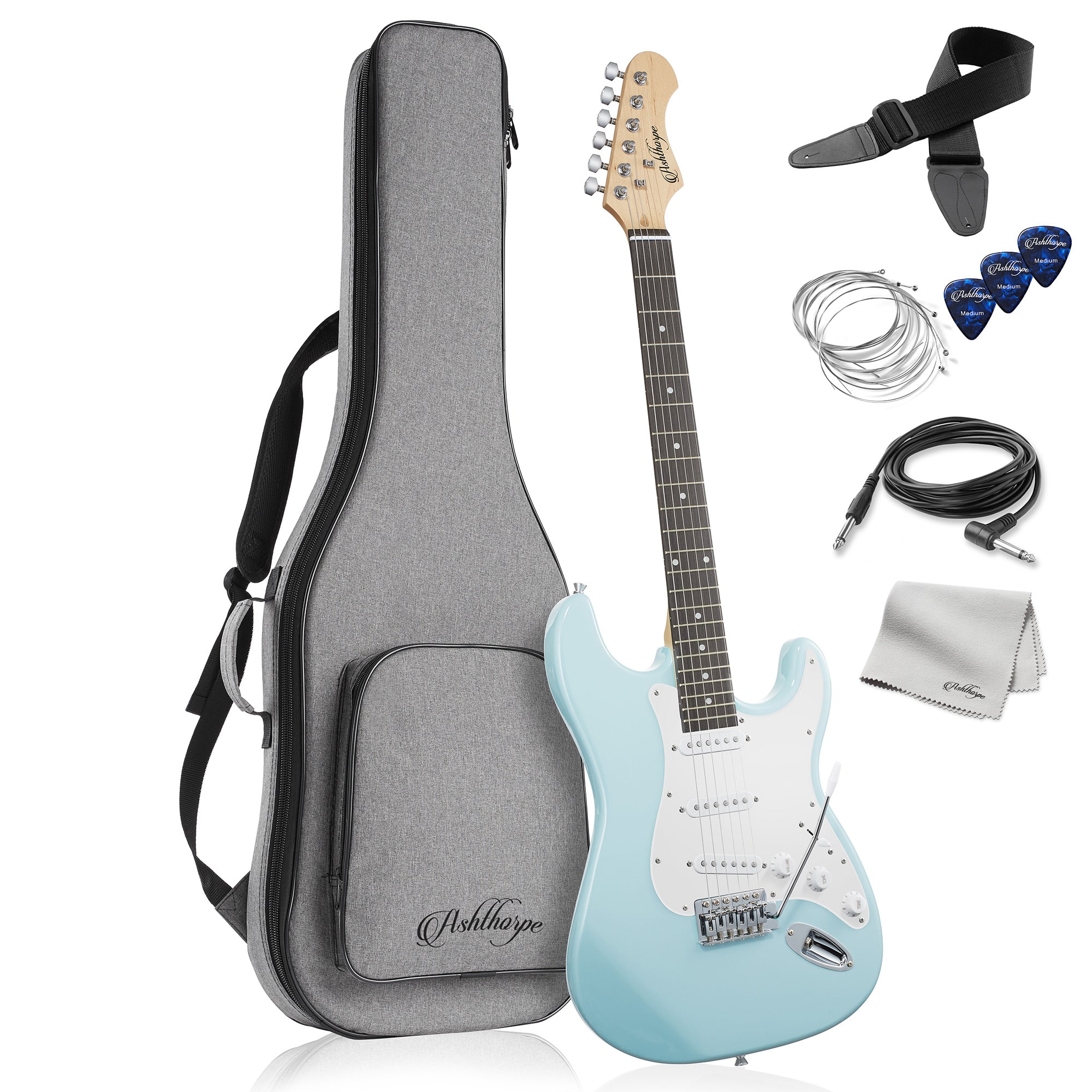Ashthorpe - 39-in Full-Size Electric Guitar Beginner Kit with Gig Bag - Light Blue-Silver