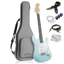 Ashthorpe - 39-in Full-Size Electric Guitar Beginner Kit with Gig Bag - Light Blue-Silver