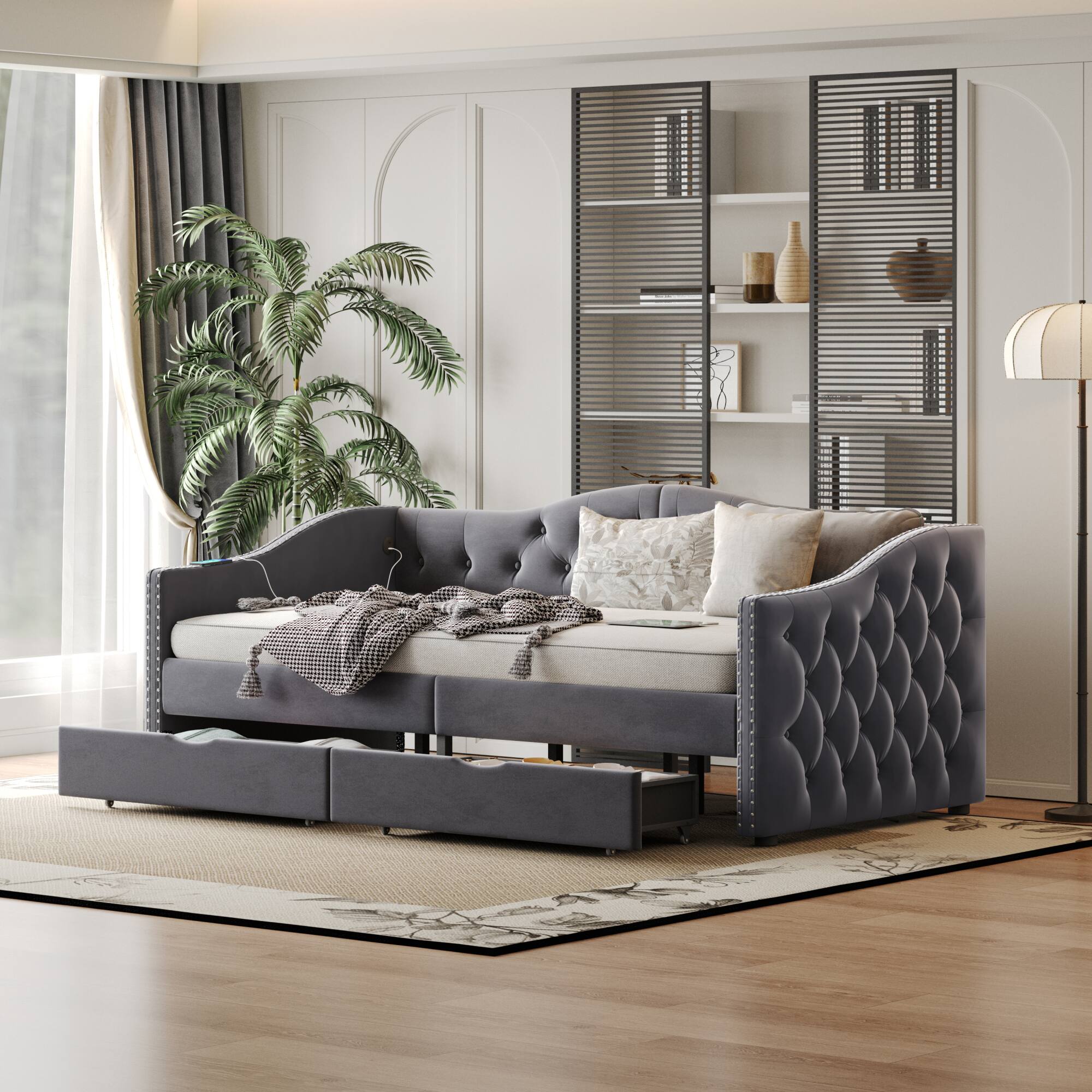 Angle. GOODSILO - Upholstered Twin Daybed with Storage Drawers, No Box Spring Required, Mid-Century Design Sofa Bed for Living Rooms - Gray.