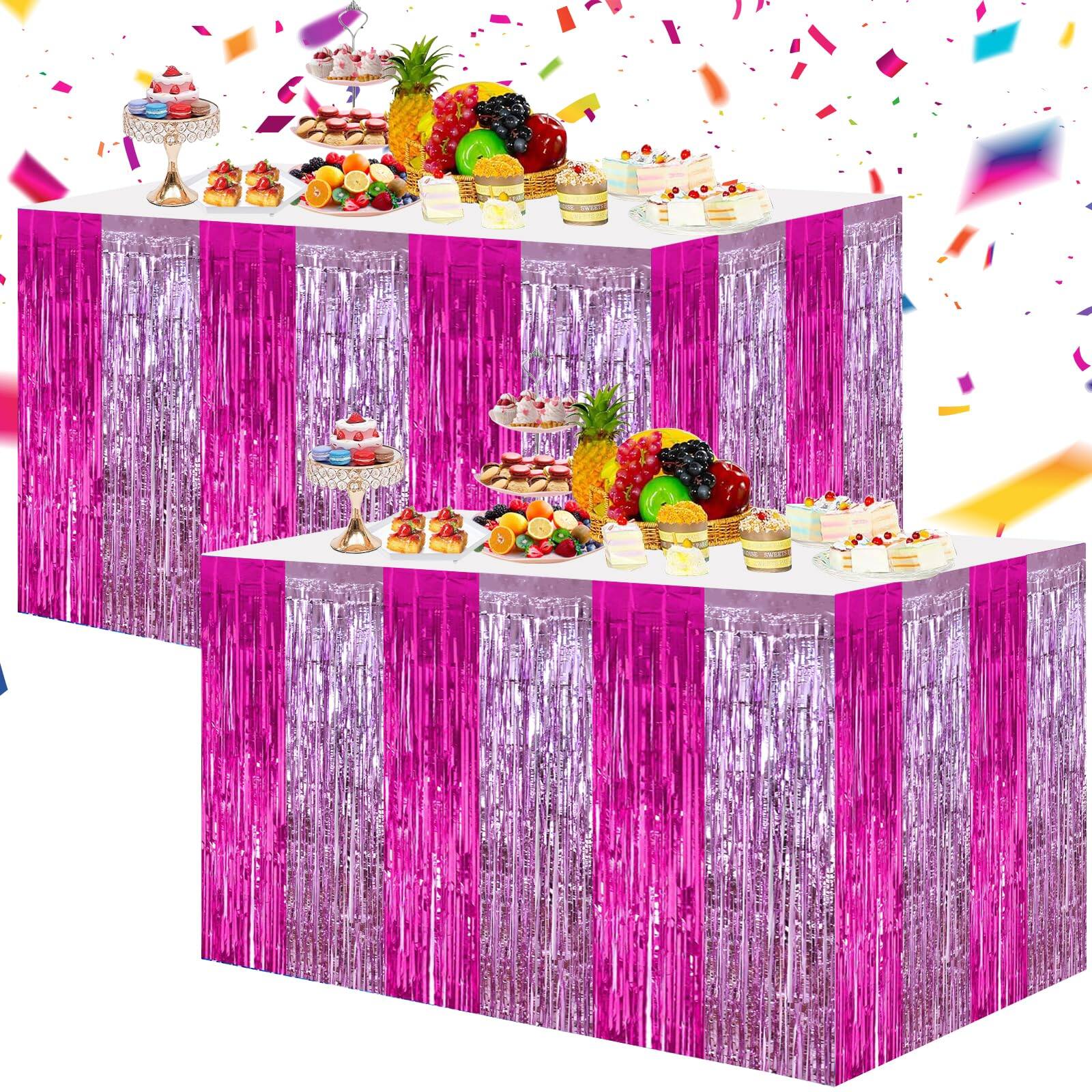 Alt View 1. Dapper Styles - Hot Table Skirts Party Decorations Metallic Tinsel Foil Fringe Rectangle Round For Birthday Holiday Valenti... - Red Gold Black.