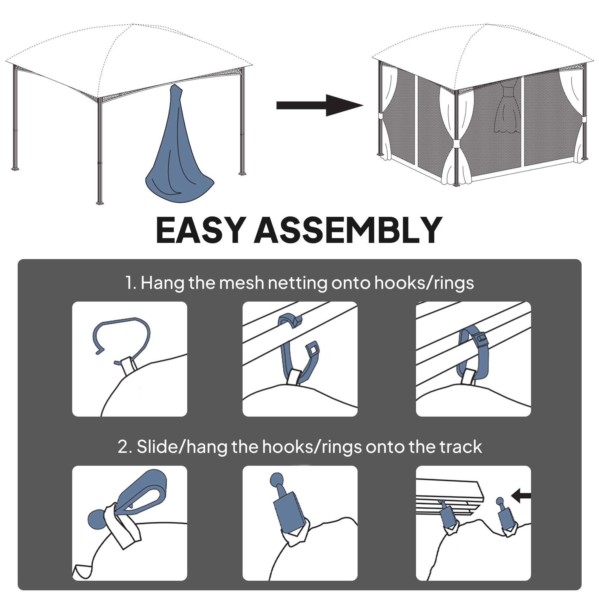 EASY ASSEMBLY

1. Hang the mesh netting onto hooks/rings
2. Slide/hang the hooks/rings onto the track