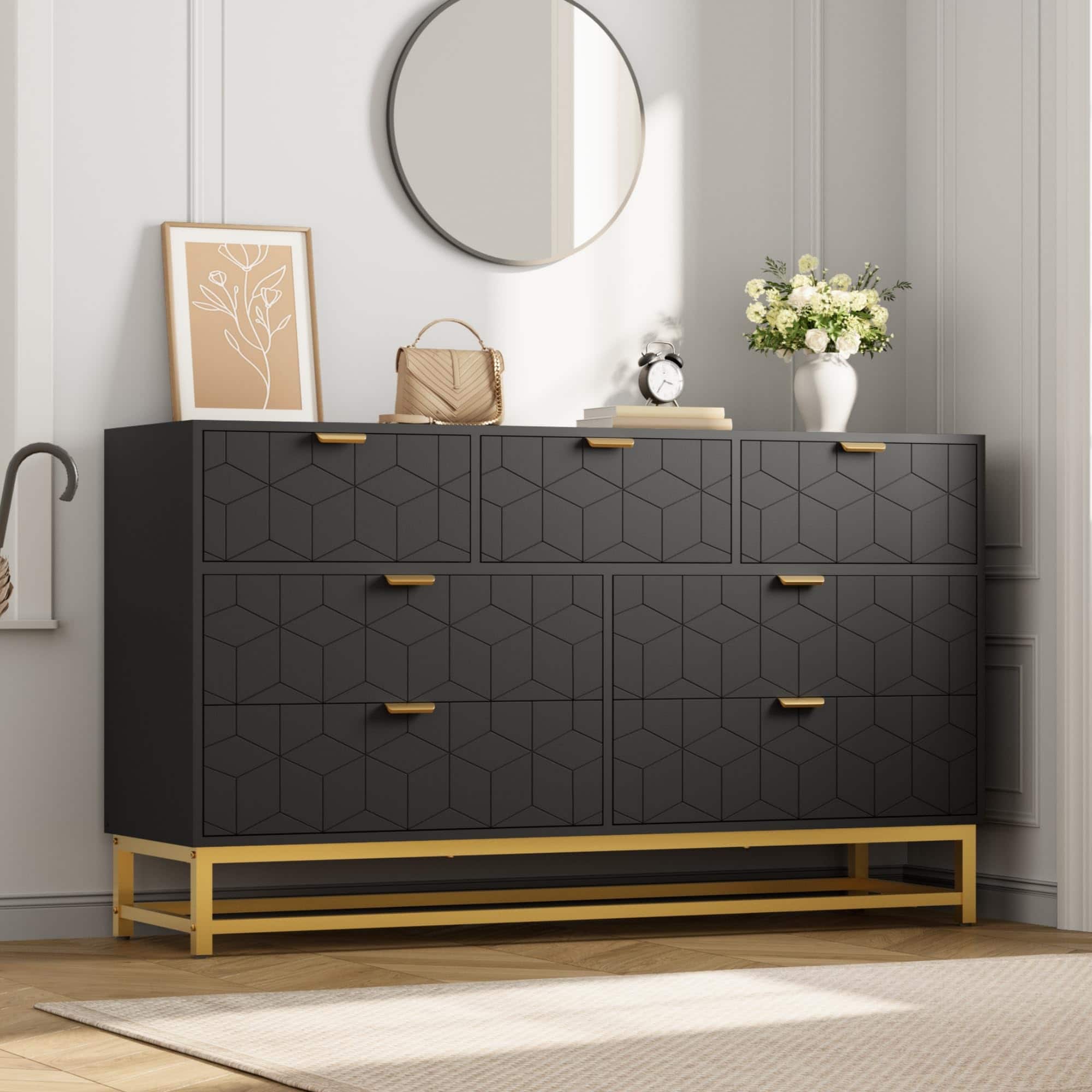 GARVEE - Dresser for Bedroom, 53.5" Wide Dresser Organizer, 7 Drawer with Golden Metal Handle and Legs, Modern Chest - Black