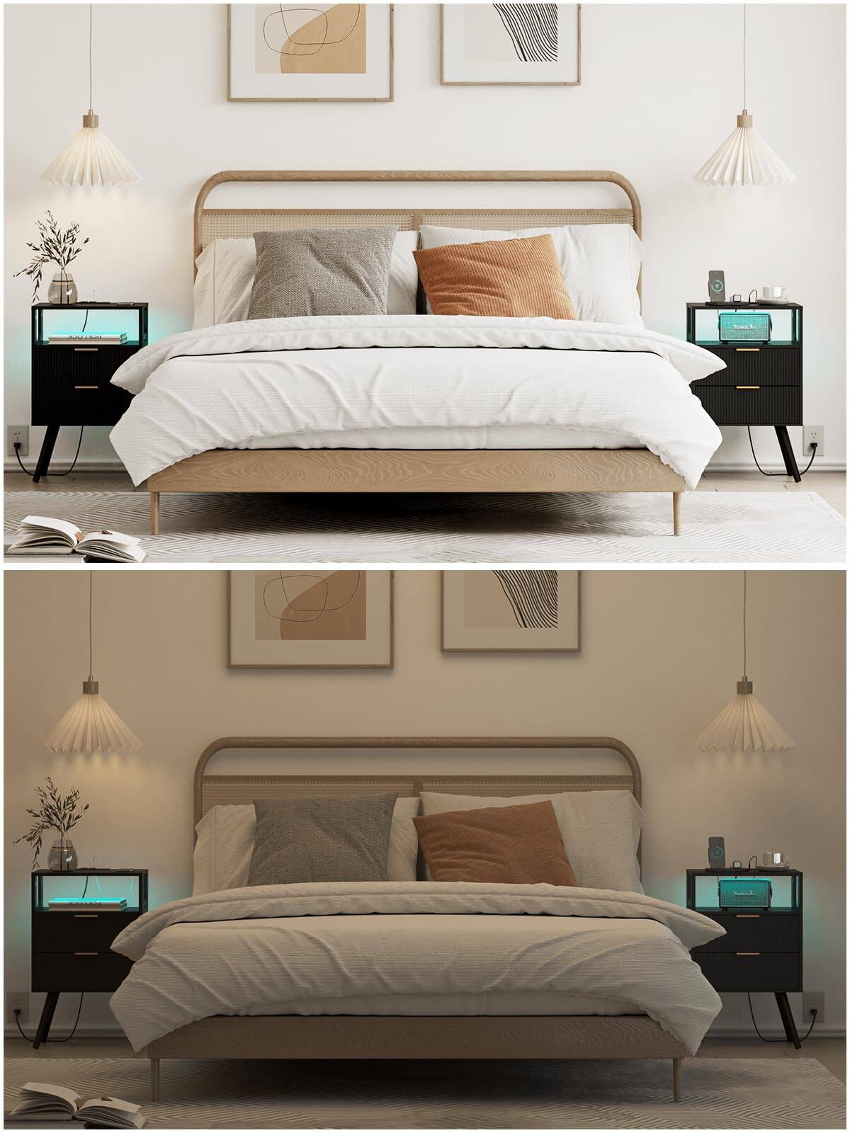 Back. Empire DigiLabs - Nightstand With Charging Station And Led Lights Modern Bedside Table 2 Storage Drawer Open Wood Shelf For B... - Walnut Brown.