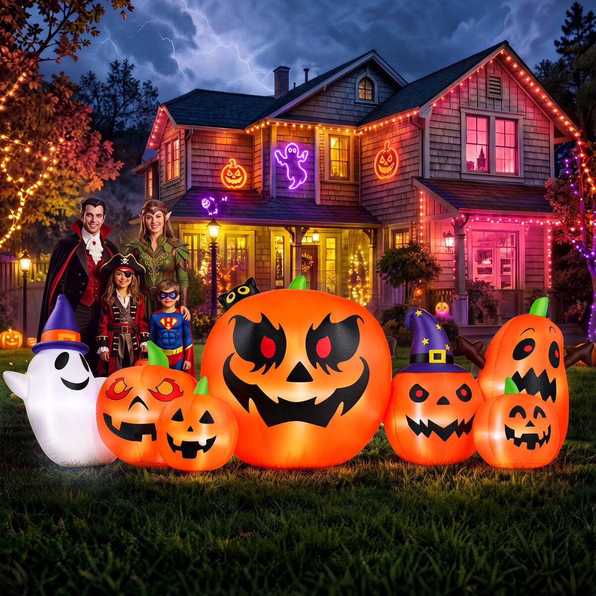 Left. Wisairt - 7.9ft Inflatable Pumpkin Ghost with LED Lights - Outdoor Halloween Yard Decoration - Green|White|Red.