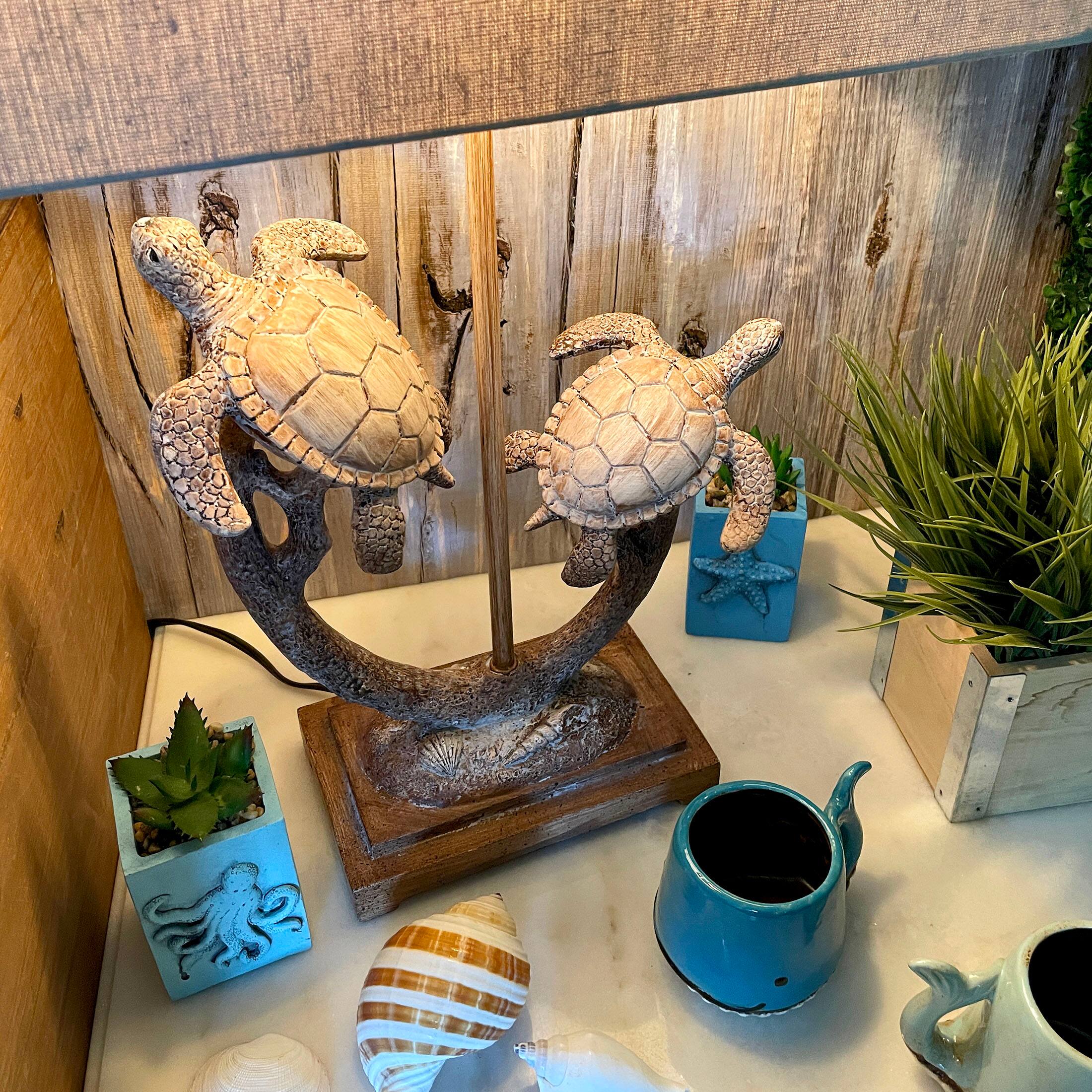 Alt View 4. Things2Die4 - Set of 2 Double Sea Turtle Table Lamps Coastal Nautical Resin 27.75" w/Shades - Brown.