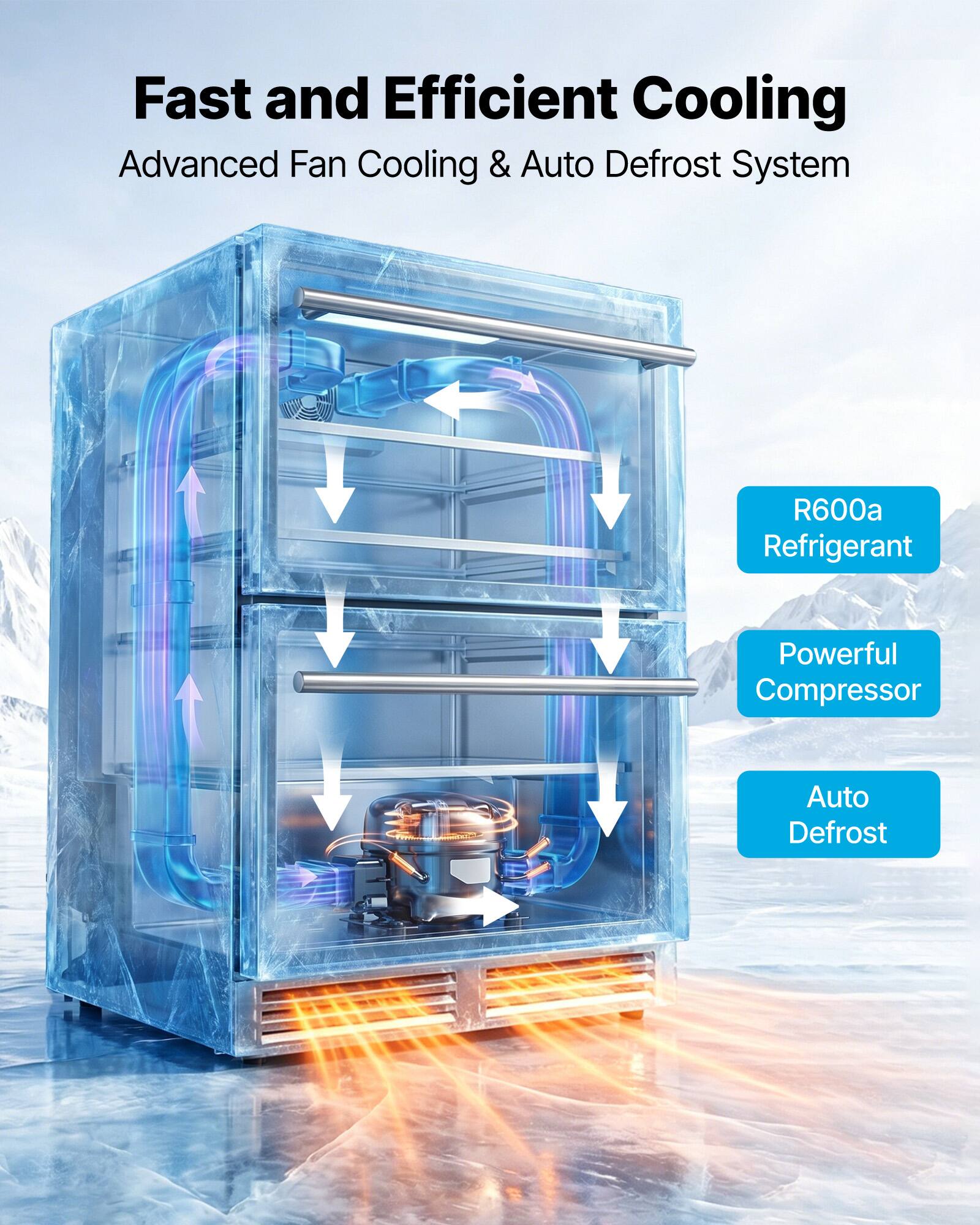 Fast and Efficient Cooling  
Advanced Fan Cooling & Auto Defrost System  
R600a Refrigerant  
Powerful Compressor  
Auto Defrost