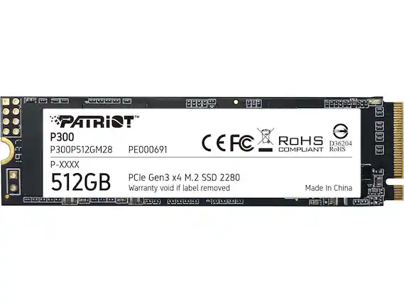 7 0 8:89e PATRIOT P300 ROHS P300P512GM28 PE000691 CEFC COMPLIANT D36204 RoHS P-XXXX PCle Gen3 x4 M.2 SSD 2280 512GB Warranty void if label removed Made In China