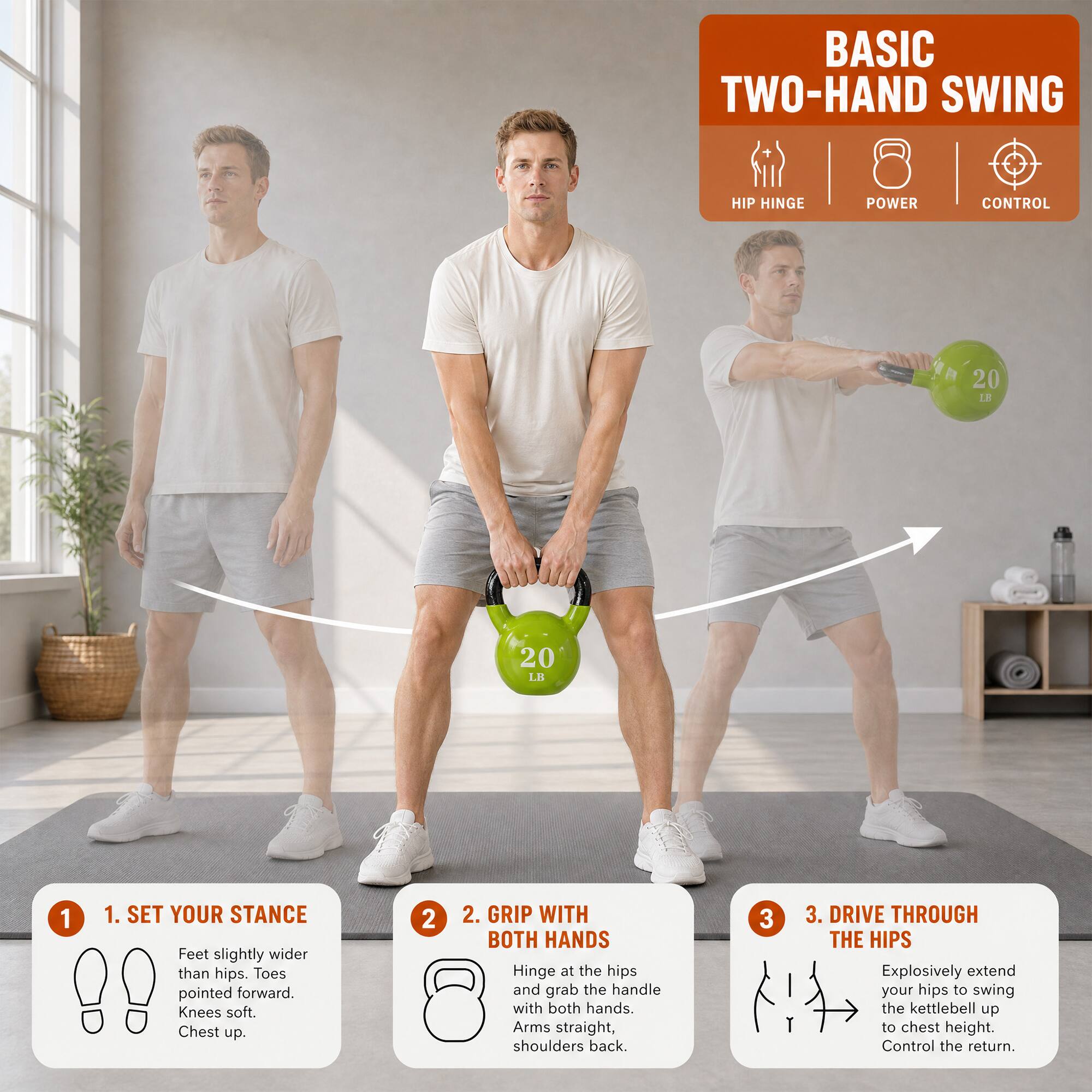 BASIC TWO-HAND SWING

HIP HINGE
POWER
CONTROL

20 LB
20 LB

1. SET YOUR STANCE
Feet slightly wider than hips. Toes pointed forward. Knees soft. Chest up.

2. GRIP WITH BOTH HANDS
Hinge at the hips and grab the handle with both hands. Arms straight, shoulders back.

3. DRIVE THROUGH THE HIPS
Explosively extend your hips to swing the kettlebell up to chest height. Control the return.