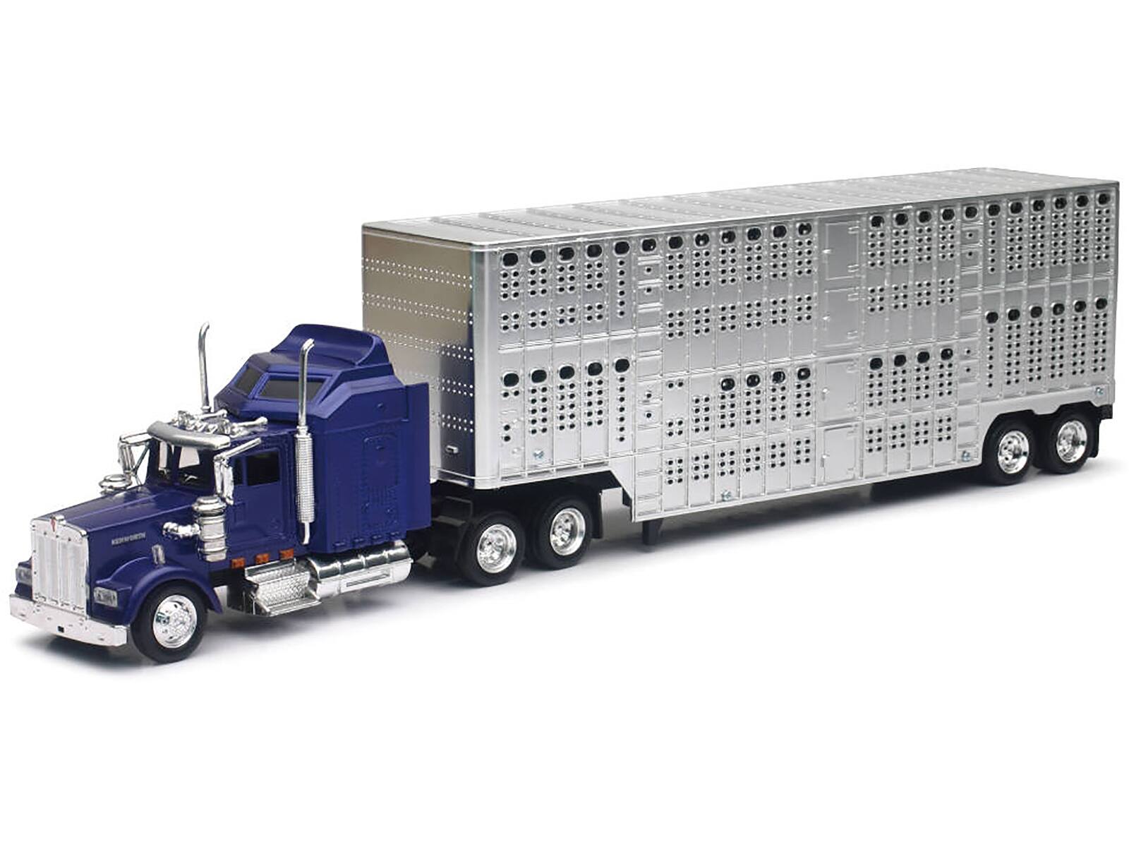 Angle. New Ray - Kenworth W900 Truck Blue with Potbelly Livestock Trailer Chrome "Long Haul Truckers" Series 1/43 - Blue, Chrome.