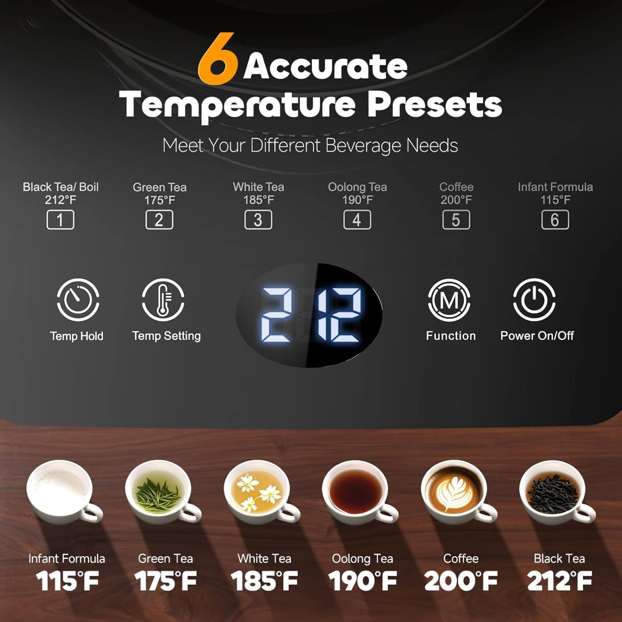 6 Accurate Temperature Presets  
Meet Your Different Beverage Needs

1. Black Tea/Boil 212°F
2. Green Tea 175°F
3. White Tea 185°F
4. Oolong Tea 190°F
5. Coffee 200°F
6. Infant Formula 115°F

Temp Hold  
Temp Setting  
Function  
Power On/Off

Infant Formula 115°F  
Green Tea 175°F  
White Tea 185°F  
Oolong Tea 190°F  
Coffee 200°F  
Black Tea 212°F