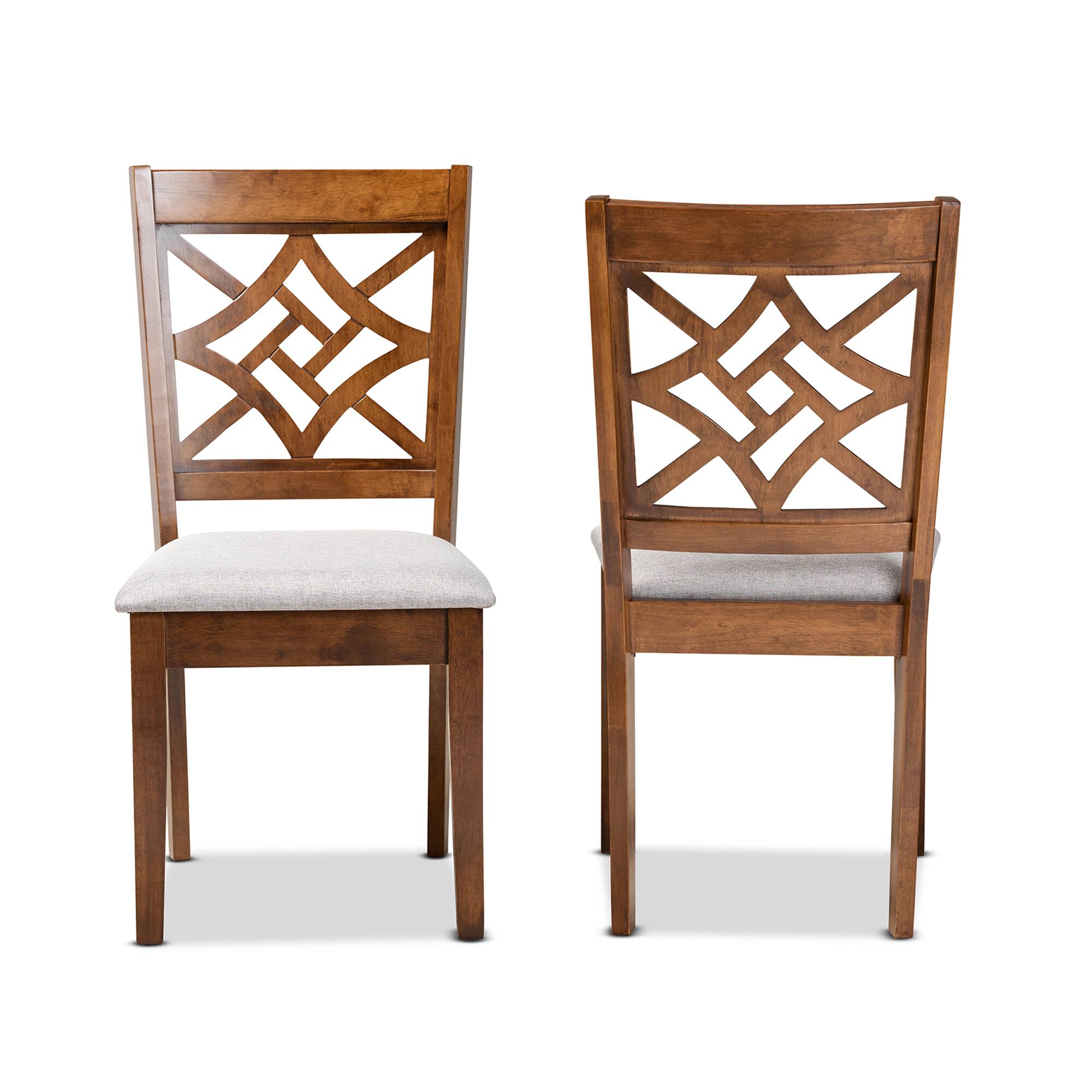 Angle. Baxton Studio - Nicolette Modern Fabric Upholstered and Finished Wood 2-Piece Dining Chair Set - Grey/Walnut Brown.