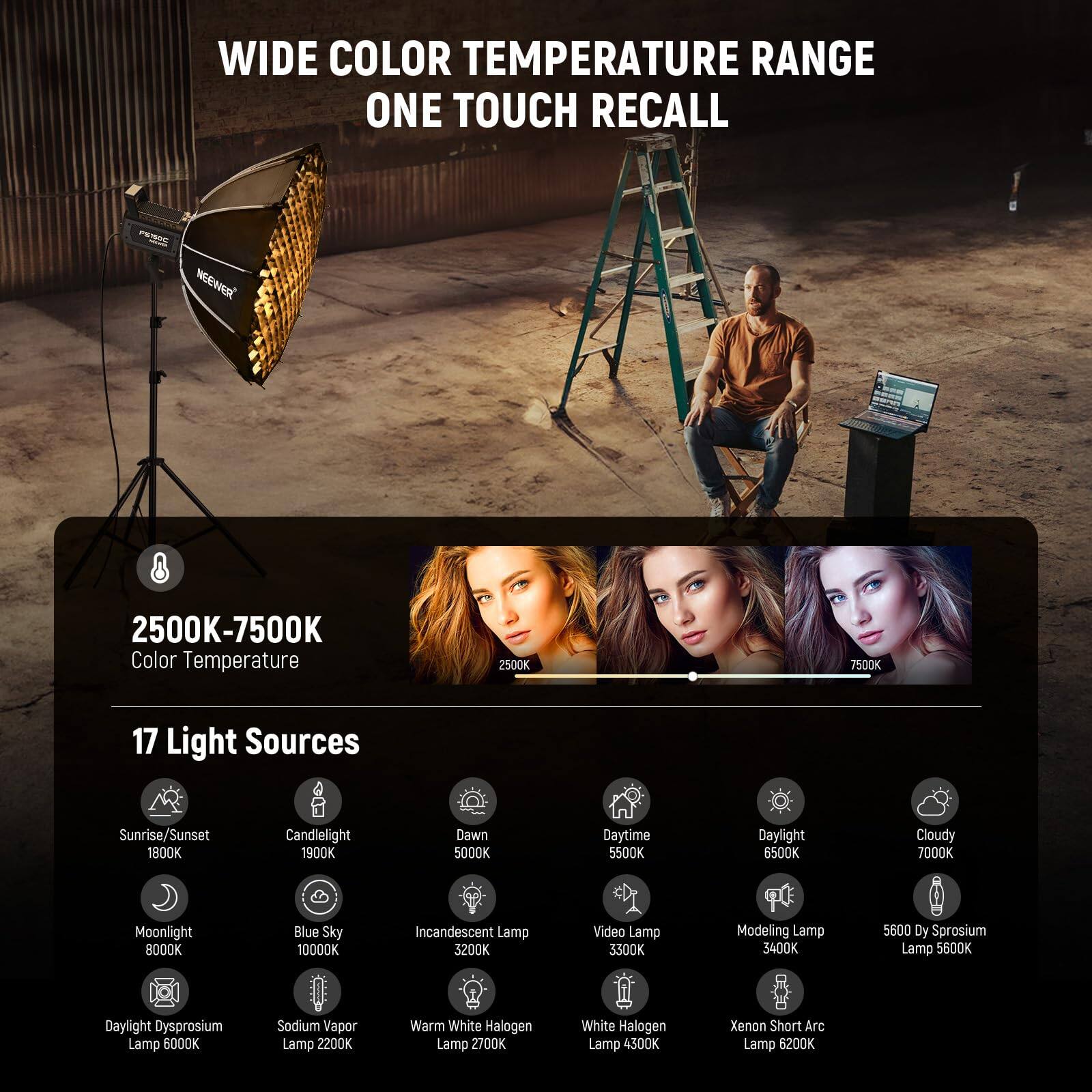 WIDE COLOR TEMPERATURE RANGE  
ONE TOUCH RECALL  

NEEWER  

2500K-7500K  
Color Temperature  

17 Light Sources  
- Sunrise/Sunset: 1800K  
- Candlelight: 1800K  
- Dawn: 5000K  
- Daytime: 5500K  
- Daylight: 6500K  
- Cloudy: 7000K  
- Moonlight: 8000K  
- Blue Sky: 10000K  
- Incandescent Lamp: 3200K  
- Video Lamp: 3300K  
- Modeling Lamp: 3400K  
- 5600 Dy Sprosium Lamp: 5600K  
- Daylight Dysprosium Lamp: 6000K  
- Sodium Vapor Lamp: 2200K  
- Warm White Halogen Lamp: 2700K  
- White Halogen Lamp: 4300K  
- Xenon Short Arc Lamp: 6200K