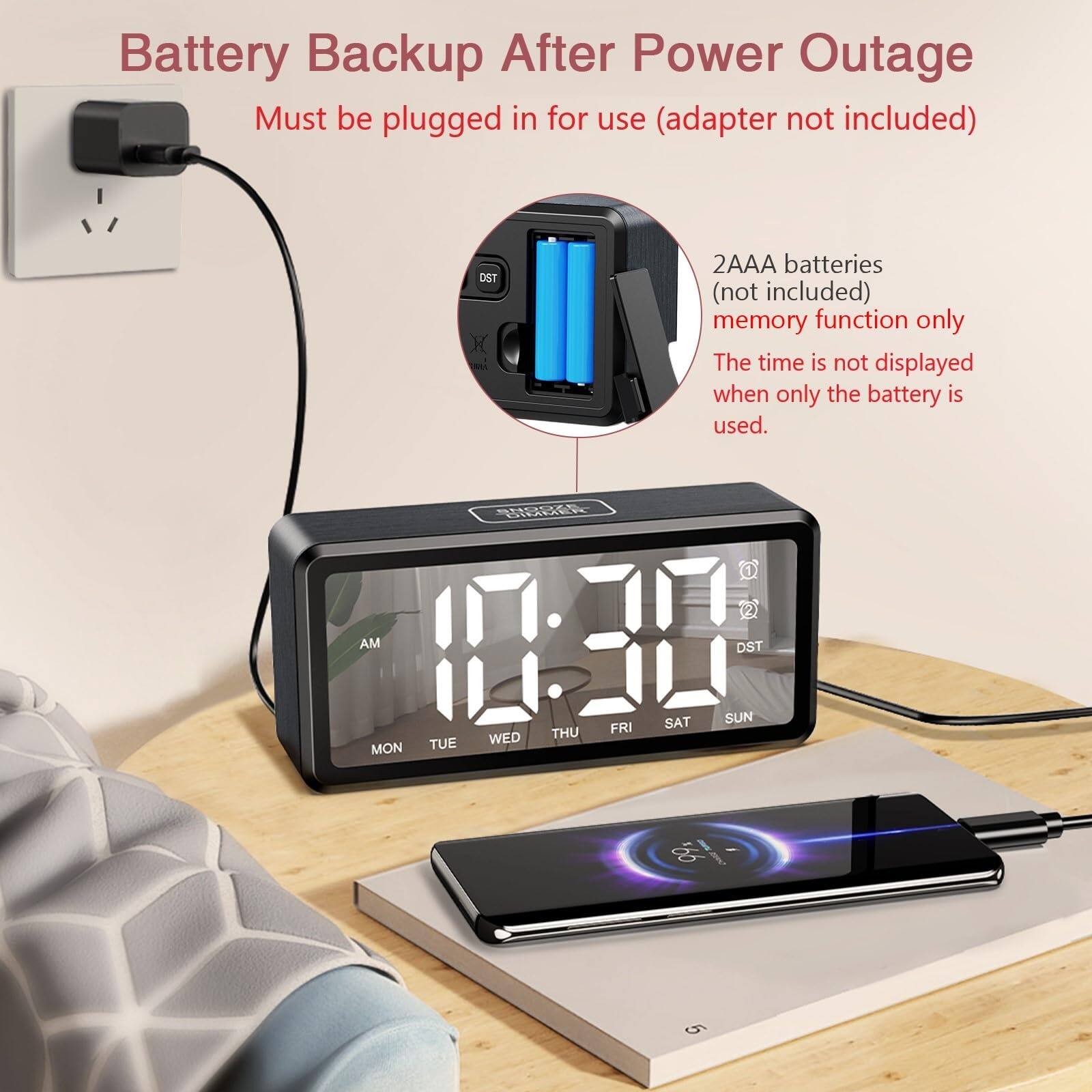 Battery Backup After Power Outage  
Must be plugged in for use (adapter not included)  
2AAA batteries (not included)  
memory function only  
The time is not displayed when only the battery is used.