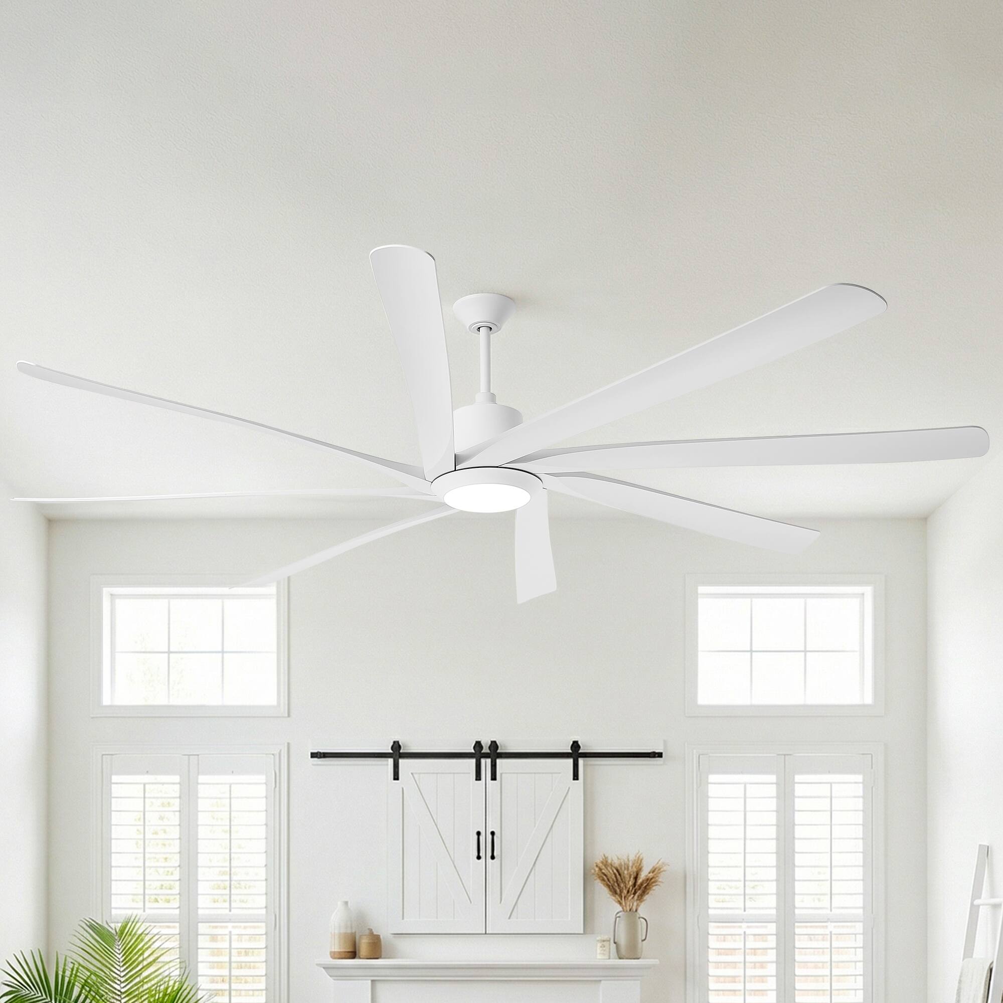 Alt View 2. Parrot Uncle - 100'' White Downrod Mount LED Ceiling Fan with Remote and 8 ABS Blades - White.