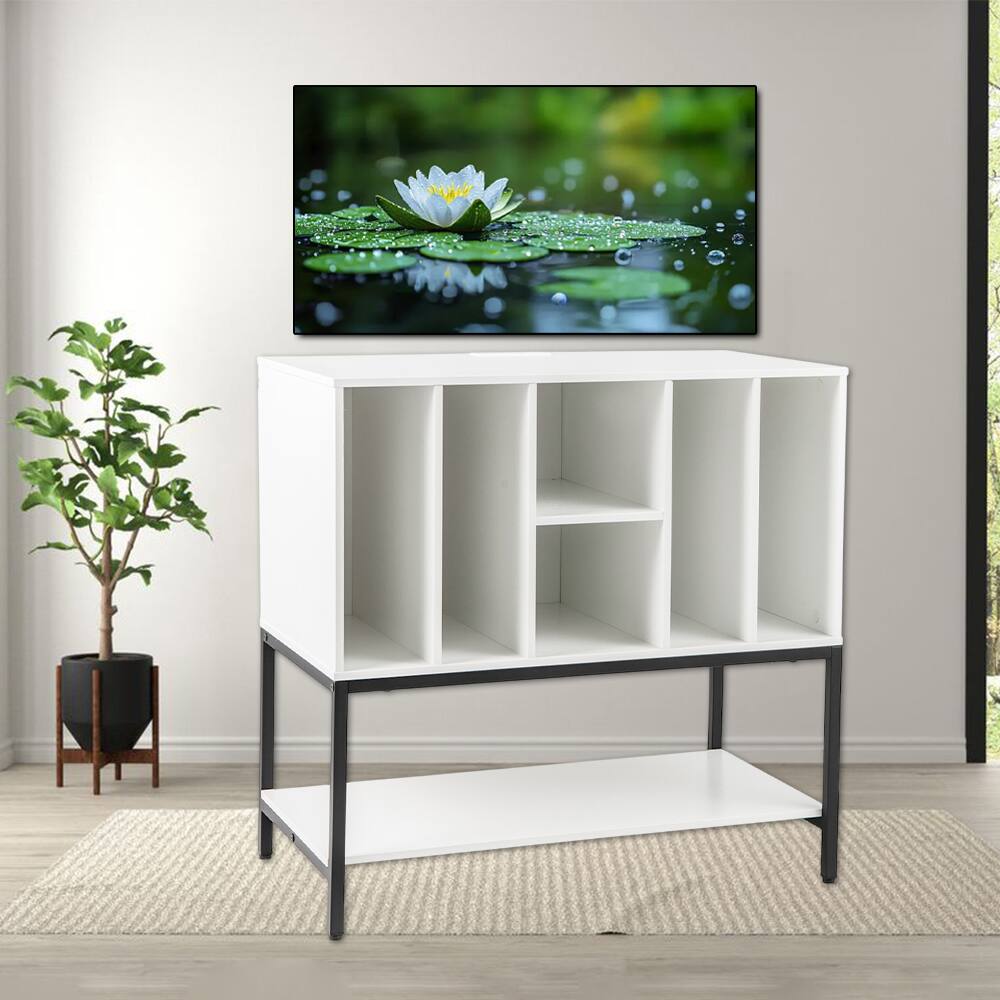 Front. Hivvago - Vinyl Record Storage Stand with Electrical Charging Station and Steel Frame - White.