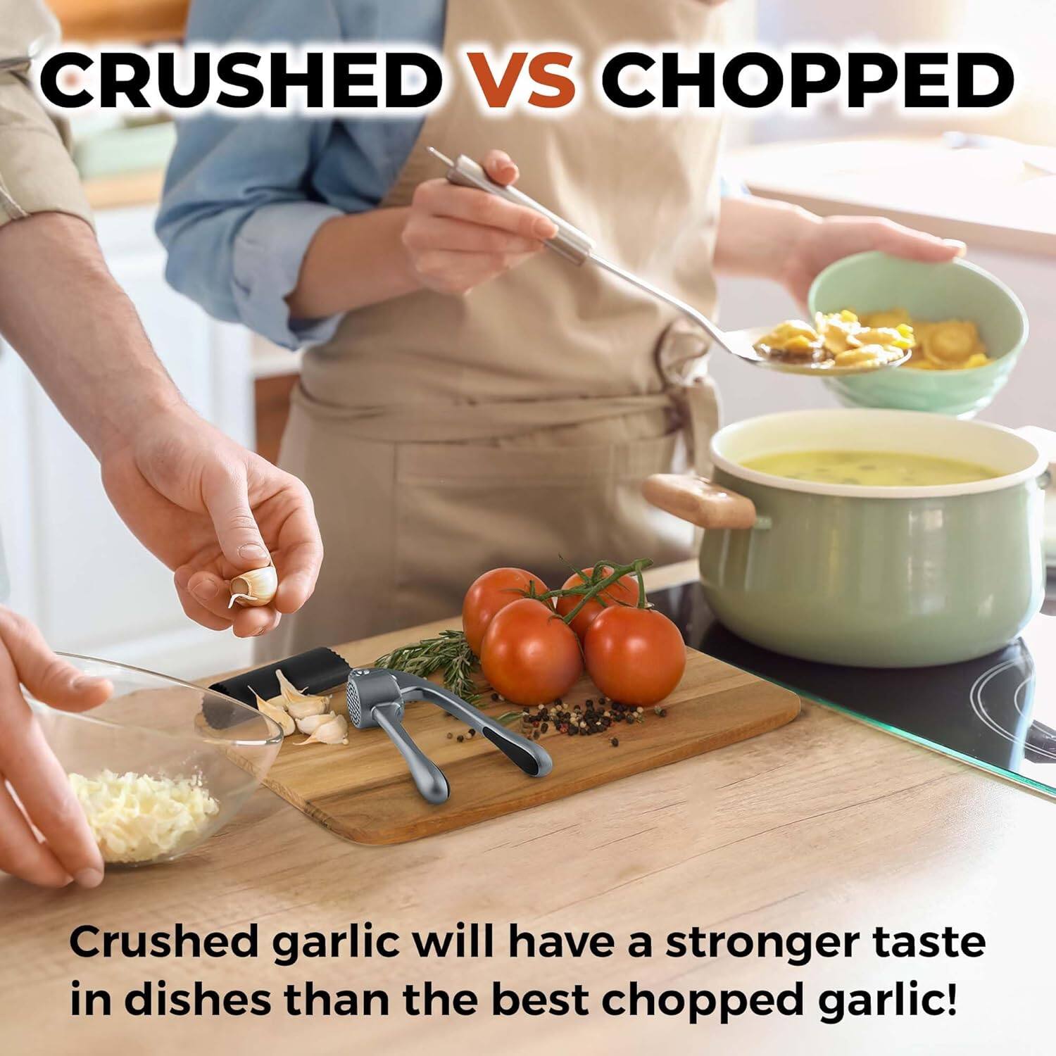 CRUSHED VS CHOPPED

Crushed garlic will have a stronger taste in dishes than the best chopped garlic!