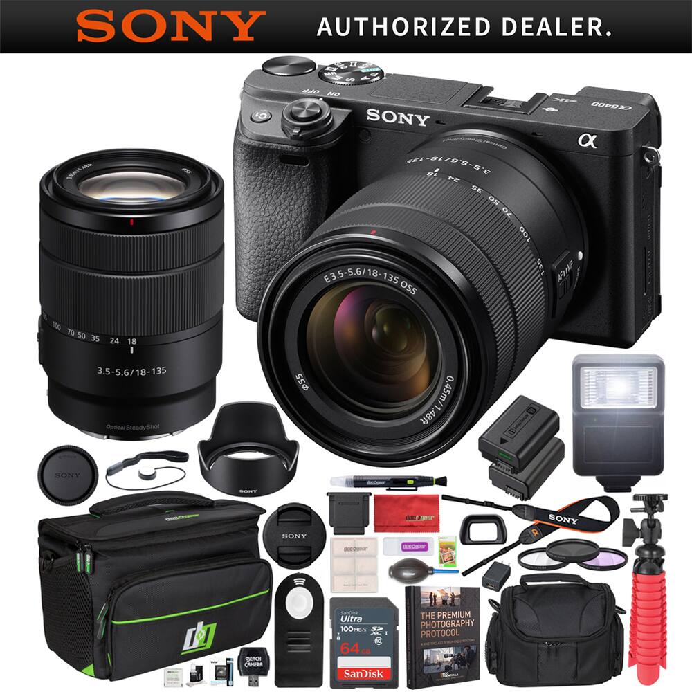 SONY AUTHORIZED DEALER.  
SBQ I AUTO MR $ OFF NO VK X6400 SONY X TES, 055 18 24 35 50 70 100 E35-56/18-135 OSS AFTIME  
100 70 50 35 24 18 I 3.5-5.6/18-135 Optical SteadyShot  
55  
48ft 0.45m/1  
SONY  
SONT  
-  
SONY  
dectuner  
gear dopOgoar  
SONY  
BEACH CAMERA  
SamOrik Ultra 100/ SA XC I 64GR GB SanDisk  
THE PREMIUM PHOTOGRAPHY PROTOCOL  LESTAGE