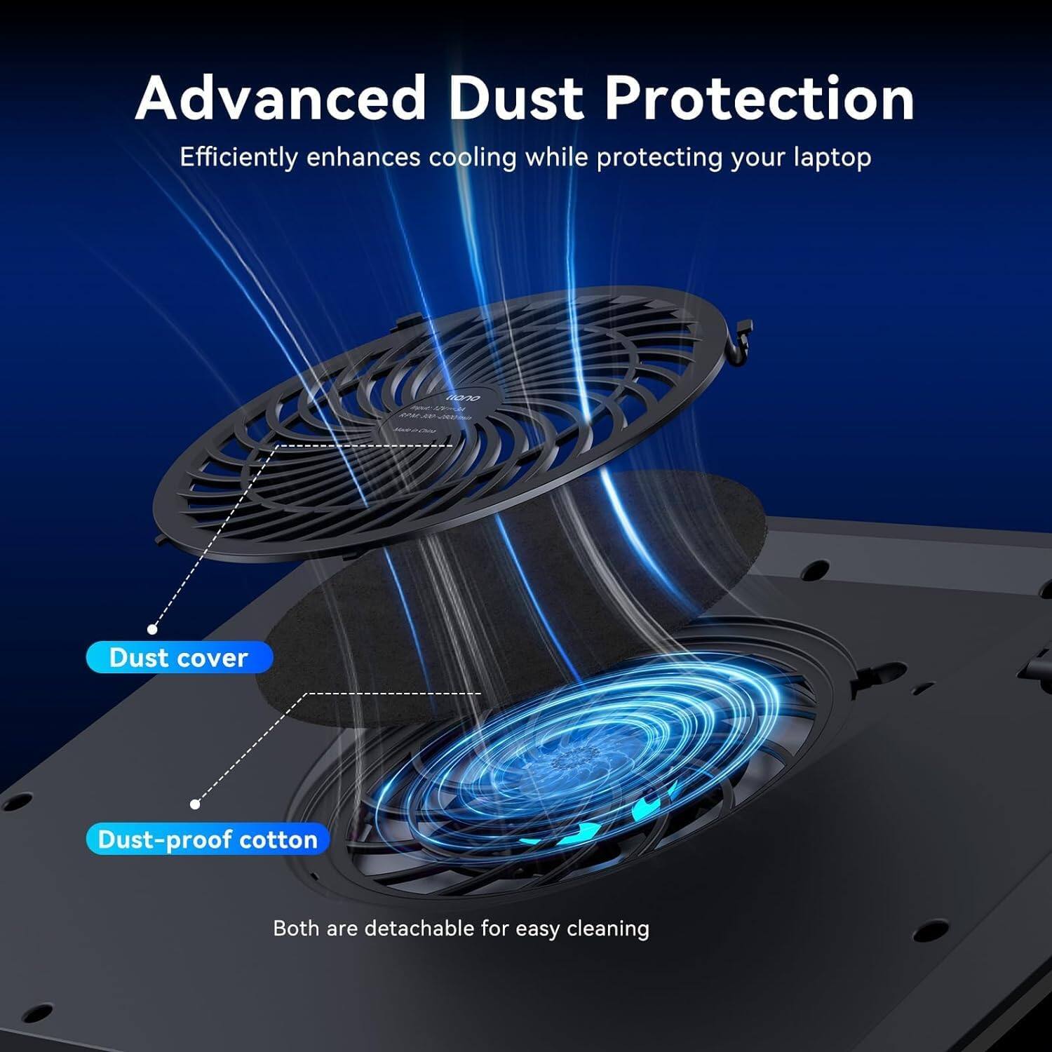Advanced Dust Protection  
Efficiently enhances cooling while protecting your laptop  

- Dust cover  
- Dust-proof cotton  

Both are detachable for easy cleaning