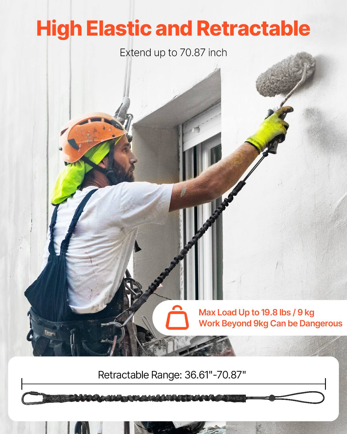 High Elastic and Retractable  
Extend up to 70.87 inch  

Max Load Up to 19.8 lbs / 9 kg  
Work Beyond 9kg Can be Dangerous  

Retractable Range: 36.61"-70.87"