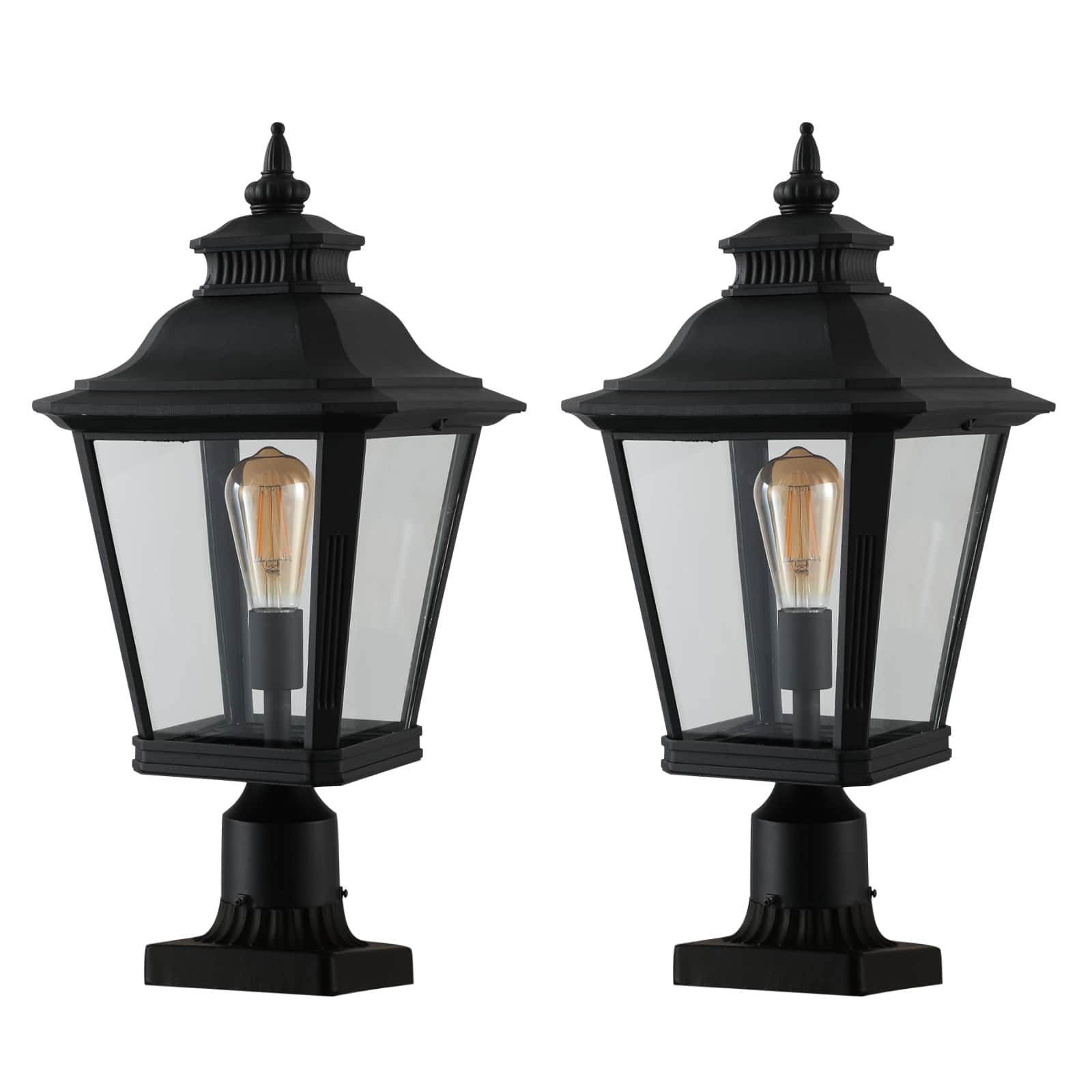 Ecooso - 21" 2-Pack Outdoor Post Lantern, Metal and Clear Glass Pillar Lamp for Garden, Gate, Driveway, and Pathway - Black