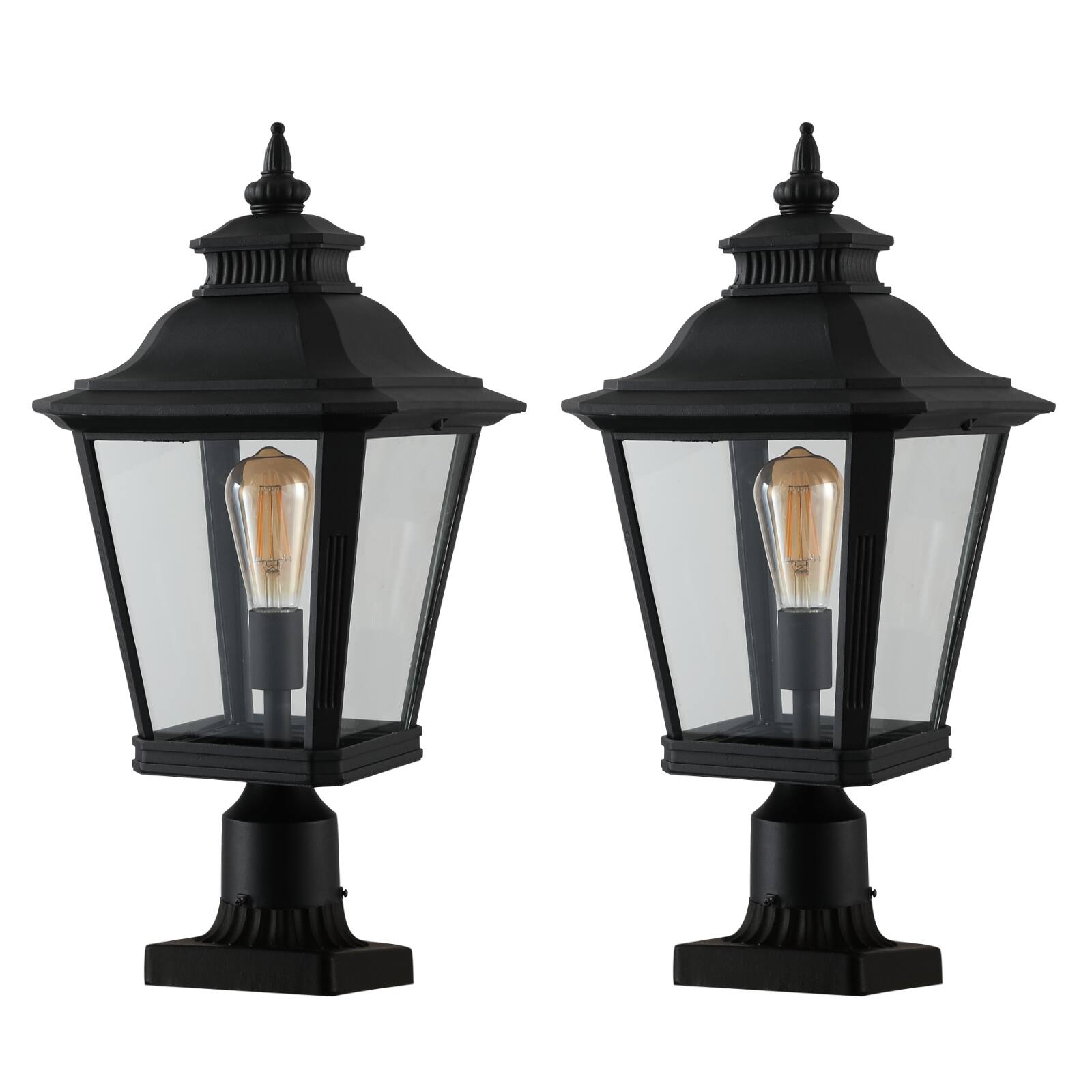 Front. Ecooso - 21" 2-Pack Outdoor Post Lantern, Metal and Clear Glass Pillar Lamp for Garden, Gate, Driveway, and Pathway - Black.