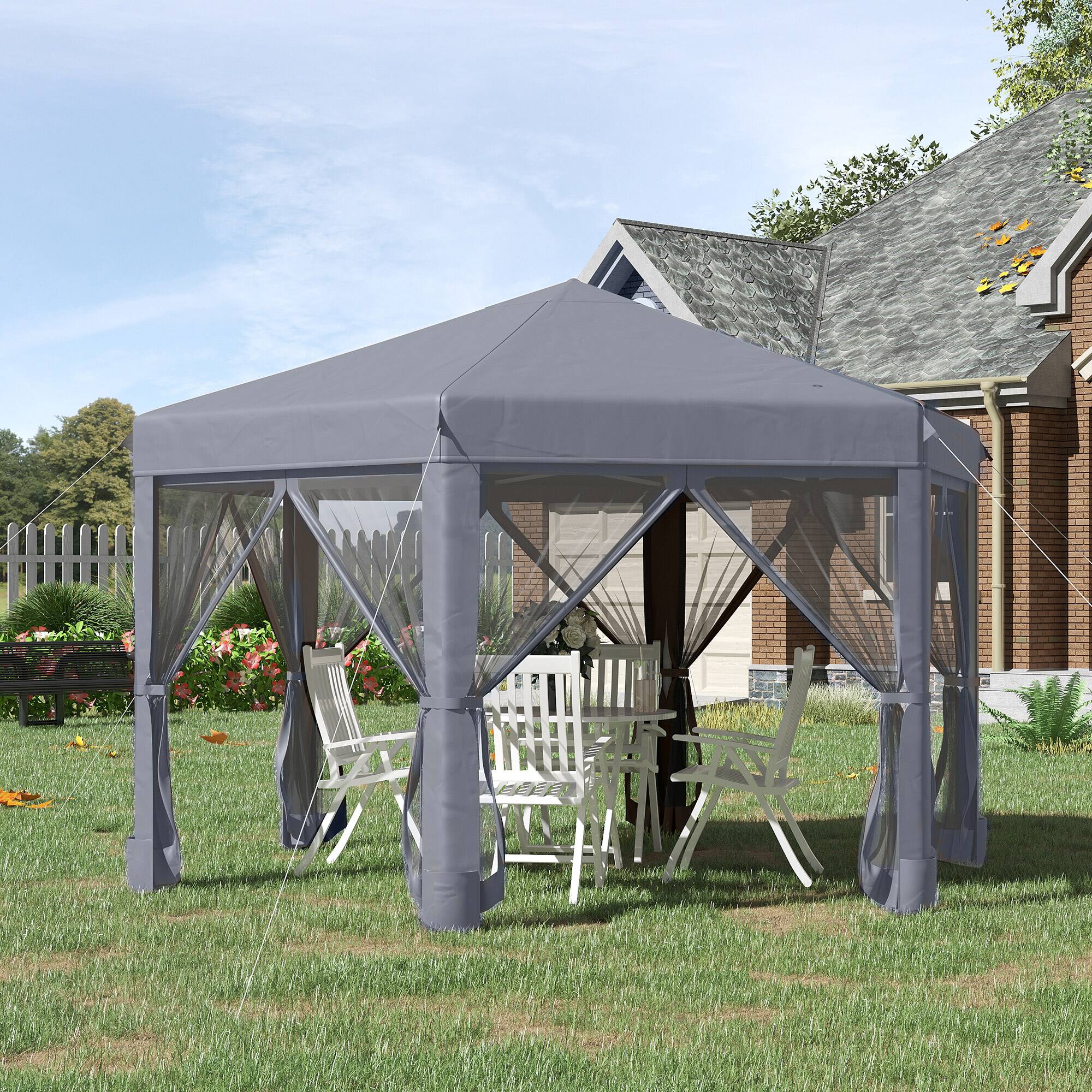 Alt View 1. Outsunny - 13' x 11' Hexagonal Pop Up Gazebo, Heavy Duty Outdoor Canopy Tent with 6 Mesh Sidewall Netting - Dark Grey.