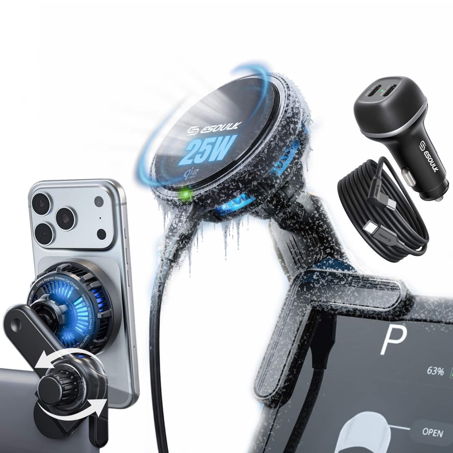 Esoulk - iPhone 17 Pro Max Magnetic Wireless Charger For Tesla Touch Screen Mount, 25W Qi2 Fast Charging MagSafe Compatible - Black