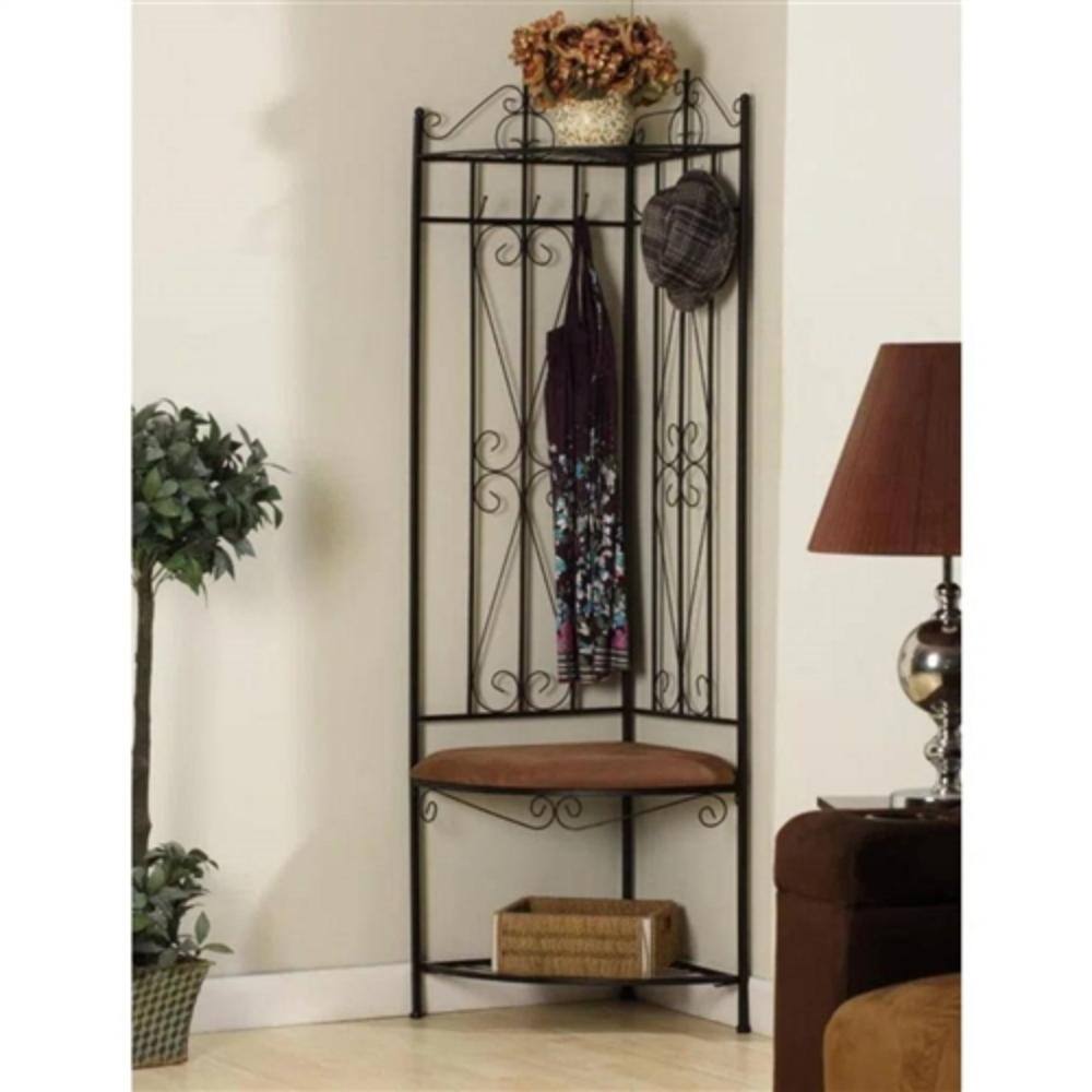 Angle. Hivvago - Black Metal Scrolling Corner Hall Tree Coat Rack Storage Bench - Black.