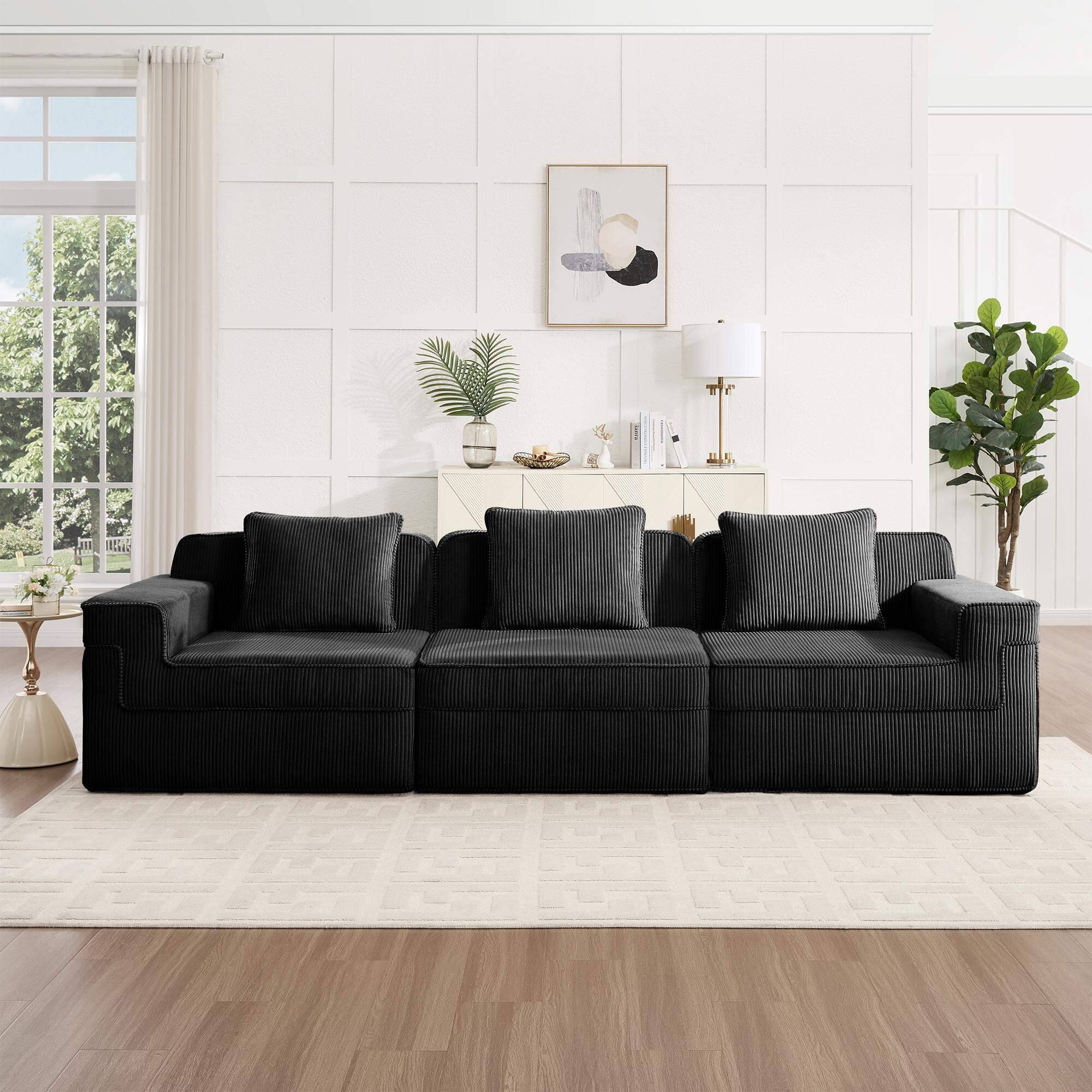 Angle. Roomtec - Modular 3 Seat Boneless Sofa Cloud Sectional Couch with Deep Seat Modern Modular 3Seat Sofa Couch with Throw Pillows - Black.