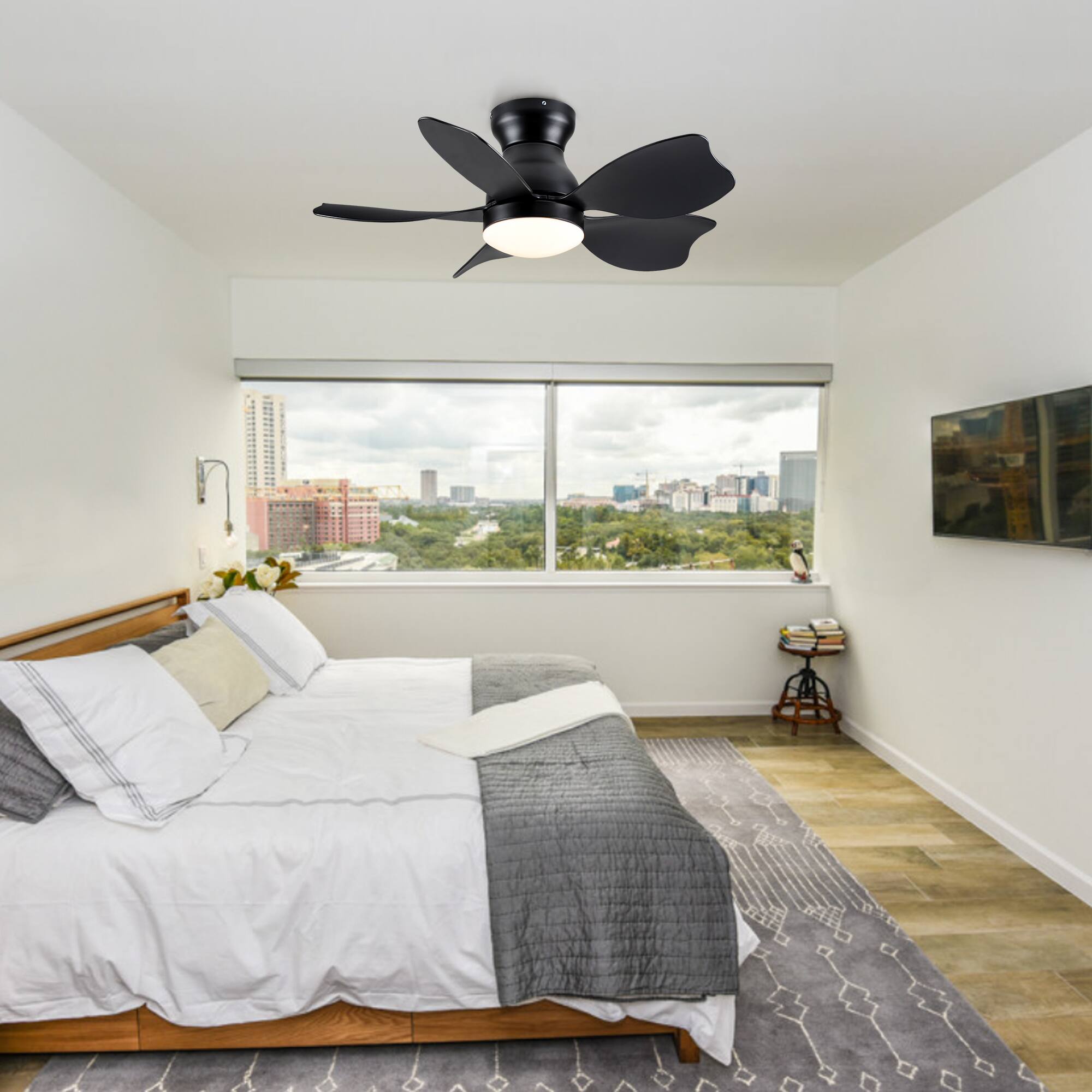 Alt View 6. Sofucor - 30'' Modern Small Flush Mount Ceiling Fan with Light and Remote Reversible Curved Blades 3CCT Dimmable Light for Bedroom - Black.