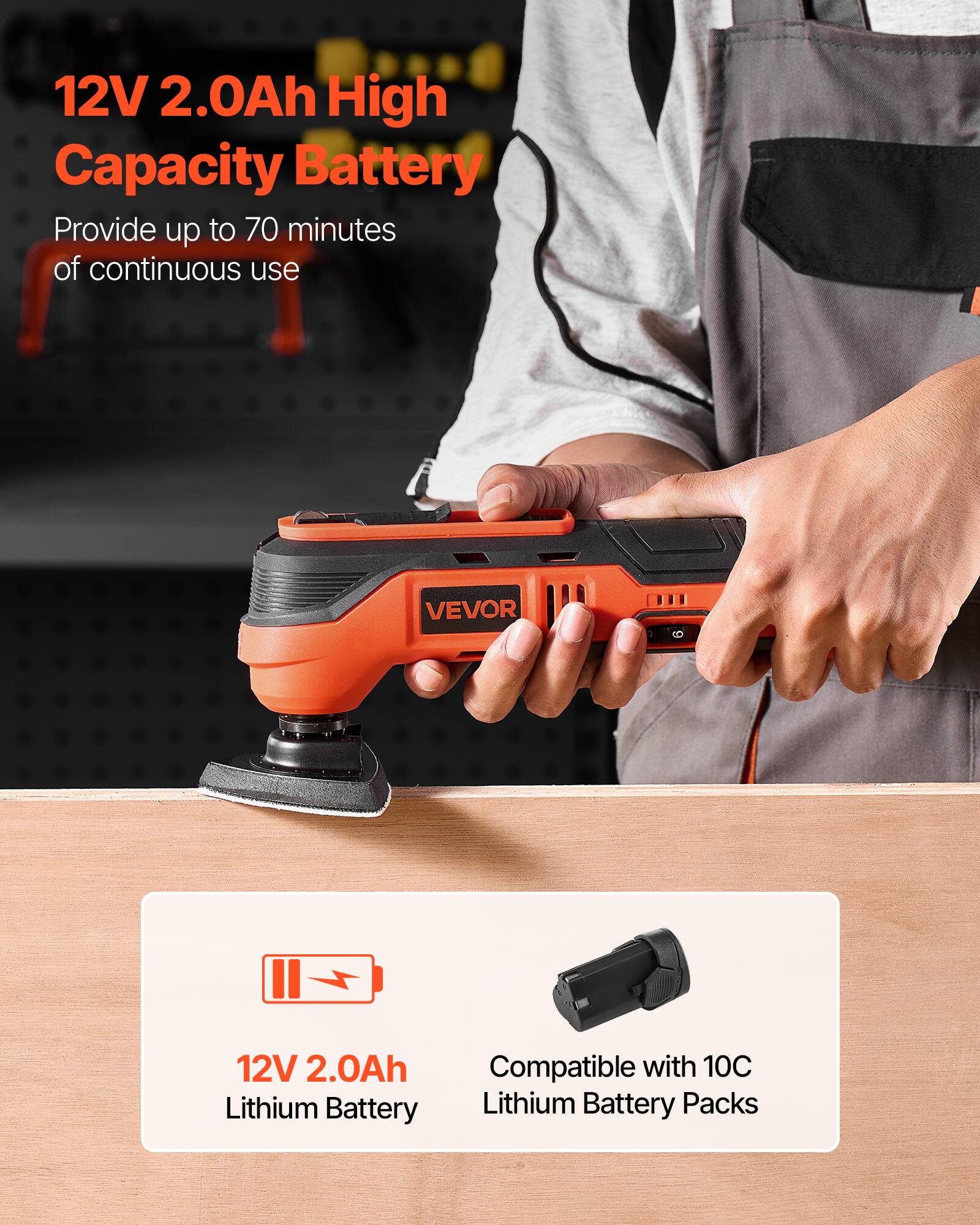 12V 2.0Ah High Capacity Battery  
Provide up to 70 minutes of continuous use  

12V 2.0Ah Lithium Battery  
Compatible with 10C Lithium Battery Packs