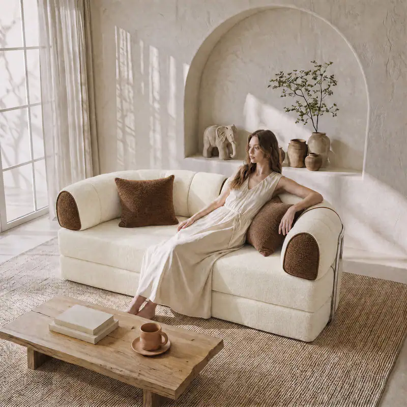 Alt View 3. Vipbear - 78.8" Round Boneless Couch, Convertible Loveseat Sleeper Sofa Bed for Small Spaces, Apartment, Dorm - off-white/brown.