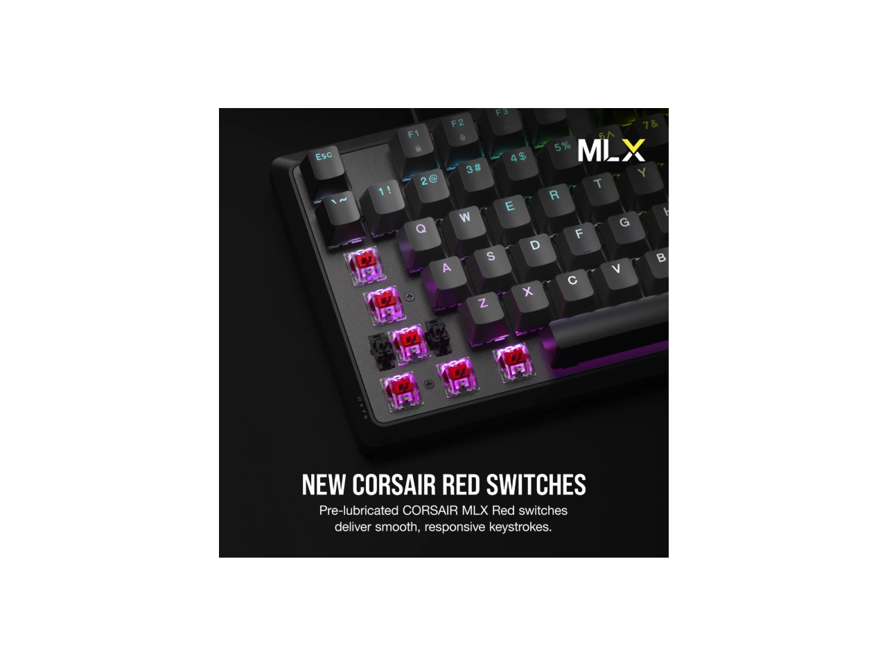 ESc 1! J F3 F2 7& F1 . 5% MLX 4$ 3# Y 2@ 2 . T R E t W G Q F D S A V C x Z X

NEW CORSAIR RED SWITCHES

Pre-lubricated CORSAIR MLX Red switches deliver smooth, responsive keystrokes.