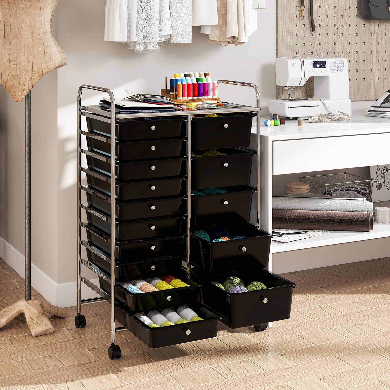 Alt View 3. Costway - Costway 15-Drawer Trolley with Chrome Plated Metal Frame & Lockable Universal Wheels - Black.