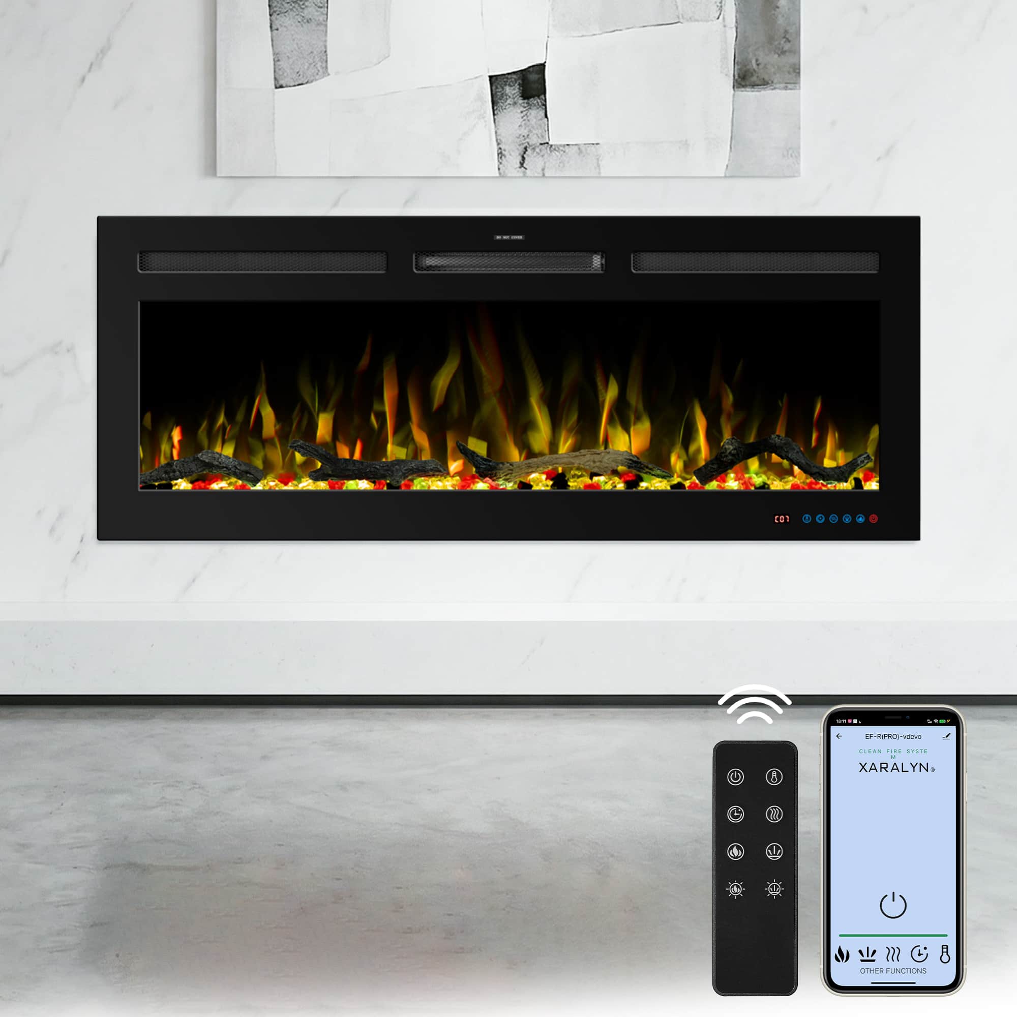 Ihomeadore - 42" Crystal 1500W Heater Smart Recessed Wall Mounted Electric Fireplace with Remote and Alexa/Google Home Support - Black