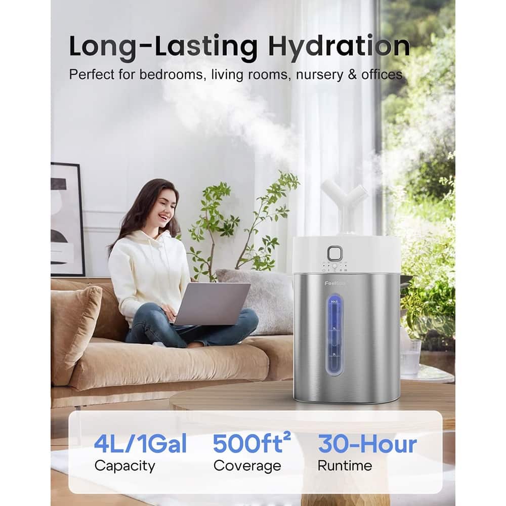 MOSZAR LLC - 4L Stainless Steel Cool Mist Humidifier, Easy-Clean, Dishwasher-Safe, White