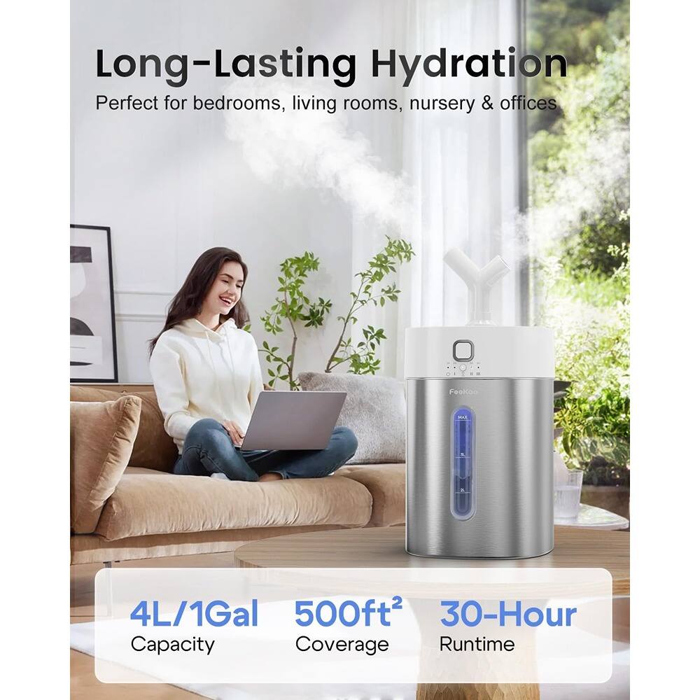 Long-Lasting Hydration  
Perfect for bedrooms, living rooms, nursery & offices  

4L/1Gal Capacity  
500ft² Coverage  
30-Hour Runtime