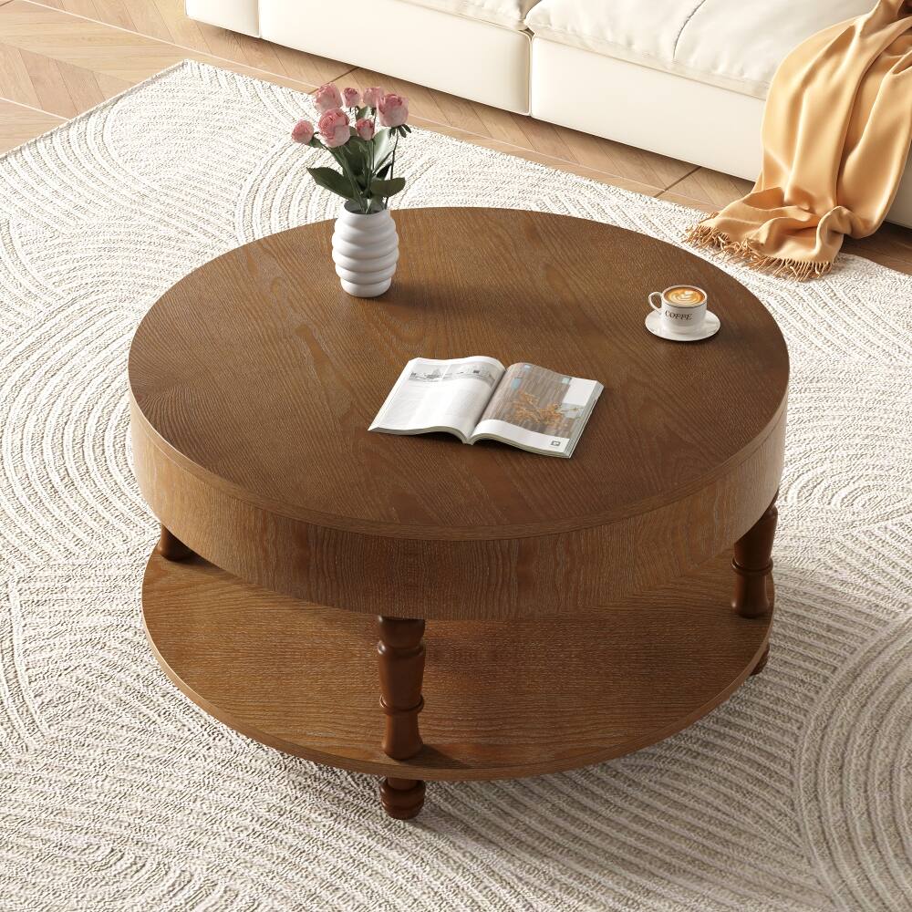 Alt View 1. Loheer - Loheer 31.5 inch modern round coffee table, walnut coffee table with hidden compartment - Walnut Brown.