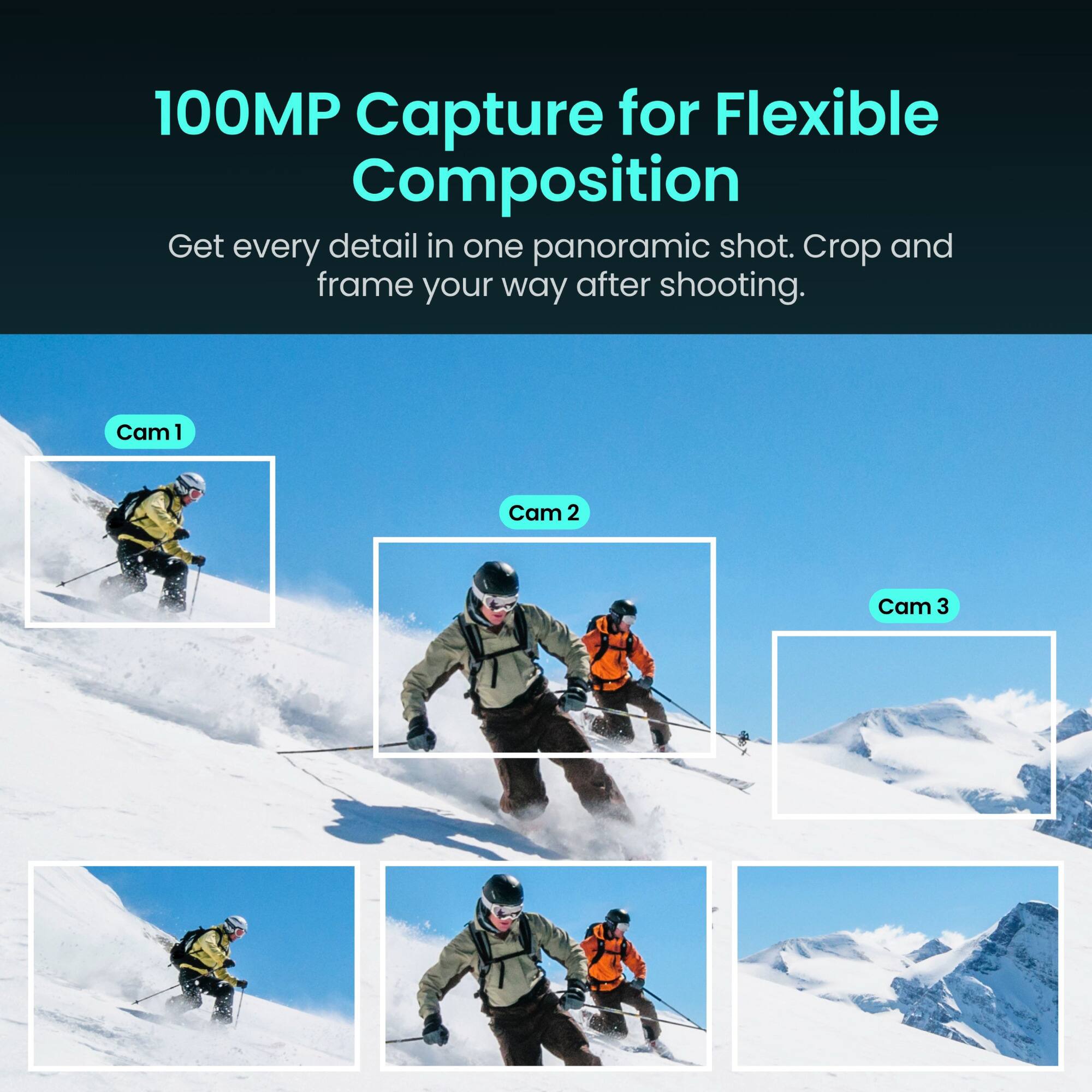 100MP Capture for Flexible Composition  
Get every detail in one panoramic shot. Crop and frame your way after shooting.  

Cam 1  
Cam 2  
Cam 3