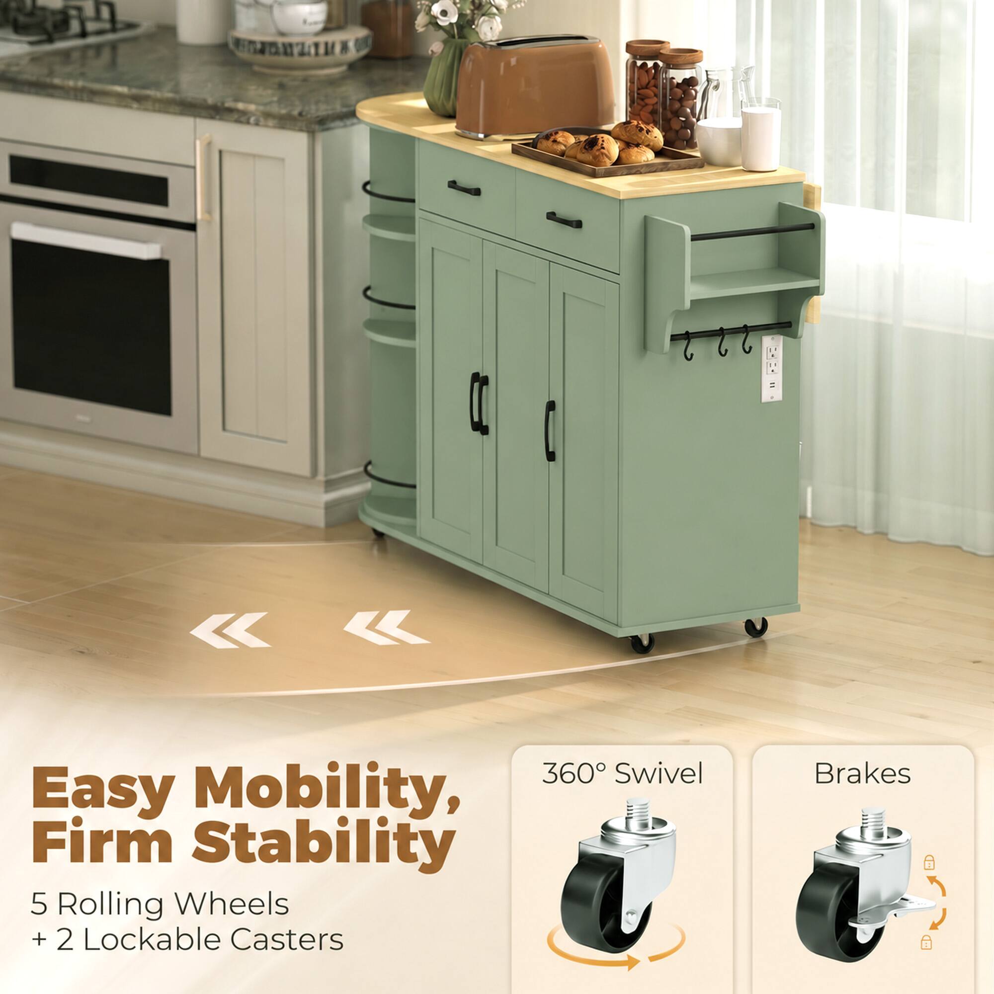 Easy Mobility, Firm Stability  
5 Rolling Wheels + 2 Lockable Casters  
360° Swivel  
Brakes