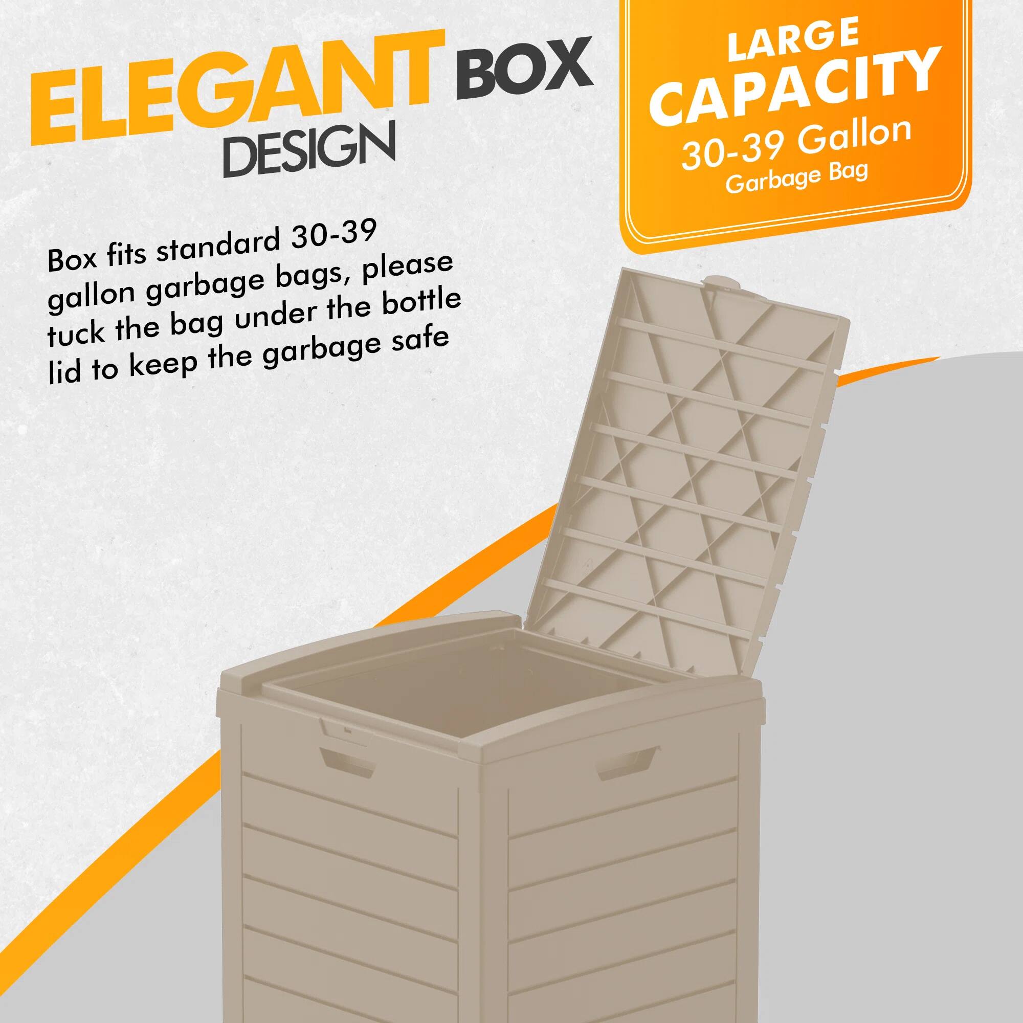 ELEGANT BOX DESIGN

LARGE CAPACITY  
30-39 Gallon Garbage Bag

Box fits standard 30-39 gallon garbage bags, please tuck the bag under the bottle lid to keep the garbage safe