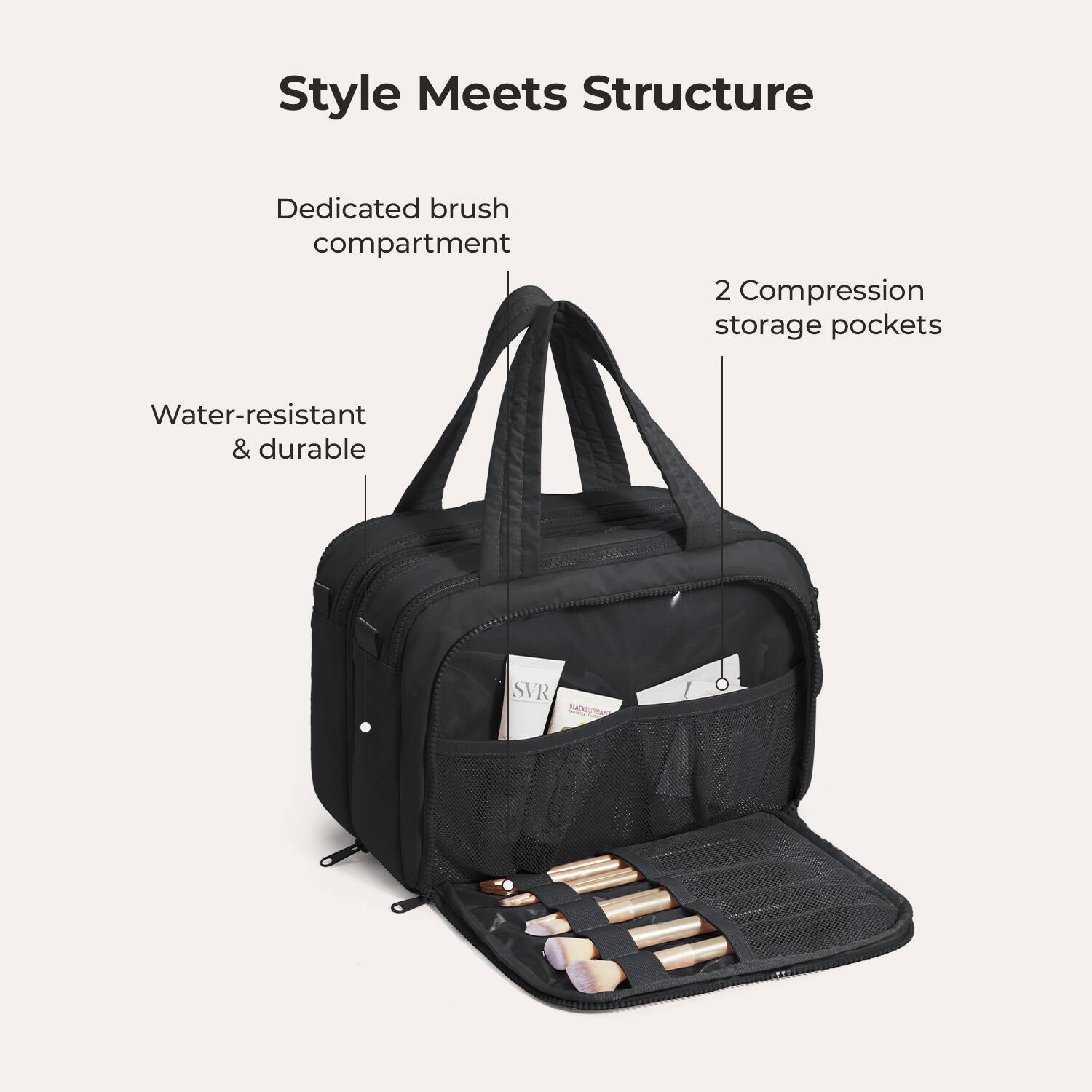 Style Meets Structure

- Dedicated brush compartment
- 2 Compression storage pockets
- Water-resistant & durable