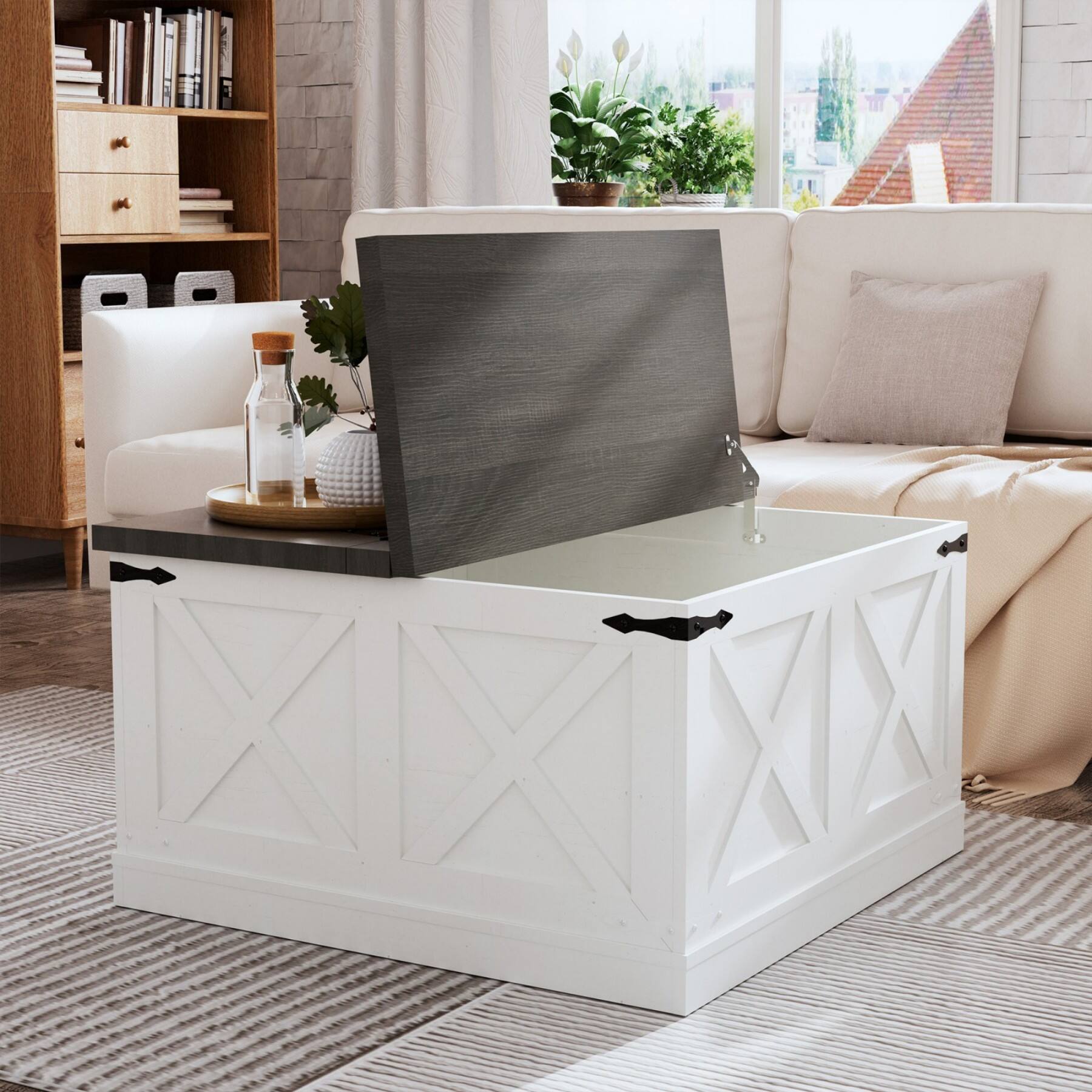 Alt View 10. Ecooso - Coffee Table, Square Wood Center Table with Large Hidden Storage Compartment, Rustic Cocktail Table with Hinged Lift Top - White.