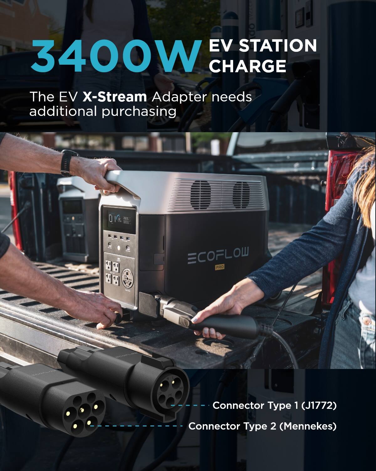 The image features a 3400W EV Station Charge with a man and a woman interacting with it. The EV X-Stream Adapter requires additional purchasing. The image also includes a connector type 1 (J1772) and a connector type 2 (Mennekes).